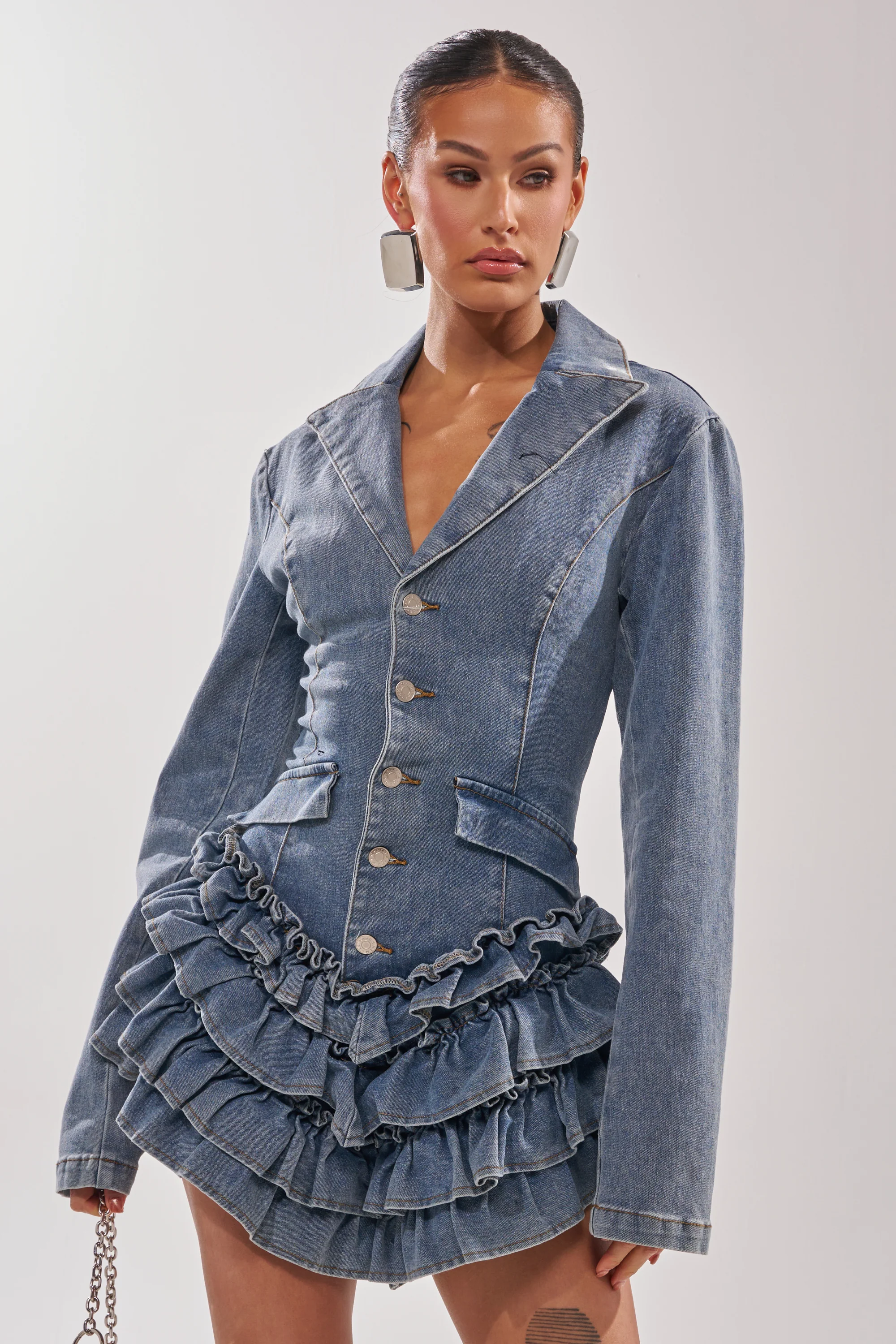 STRICTLY BUSINESS ROMPER IN LIGHT BLUE DENIM - Akira Store
