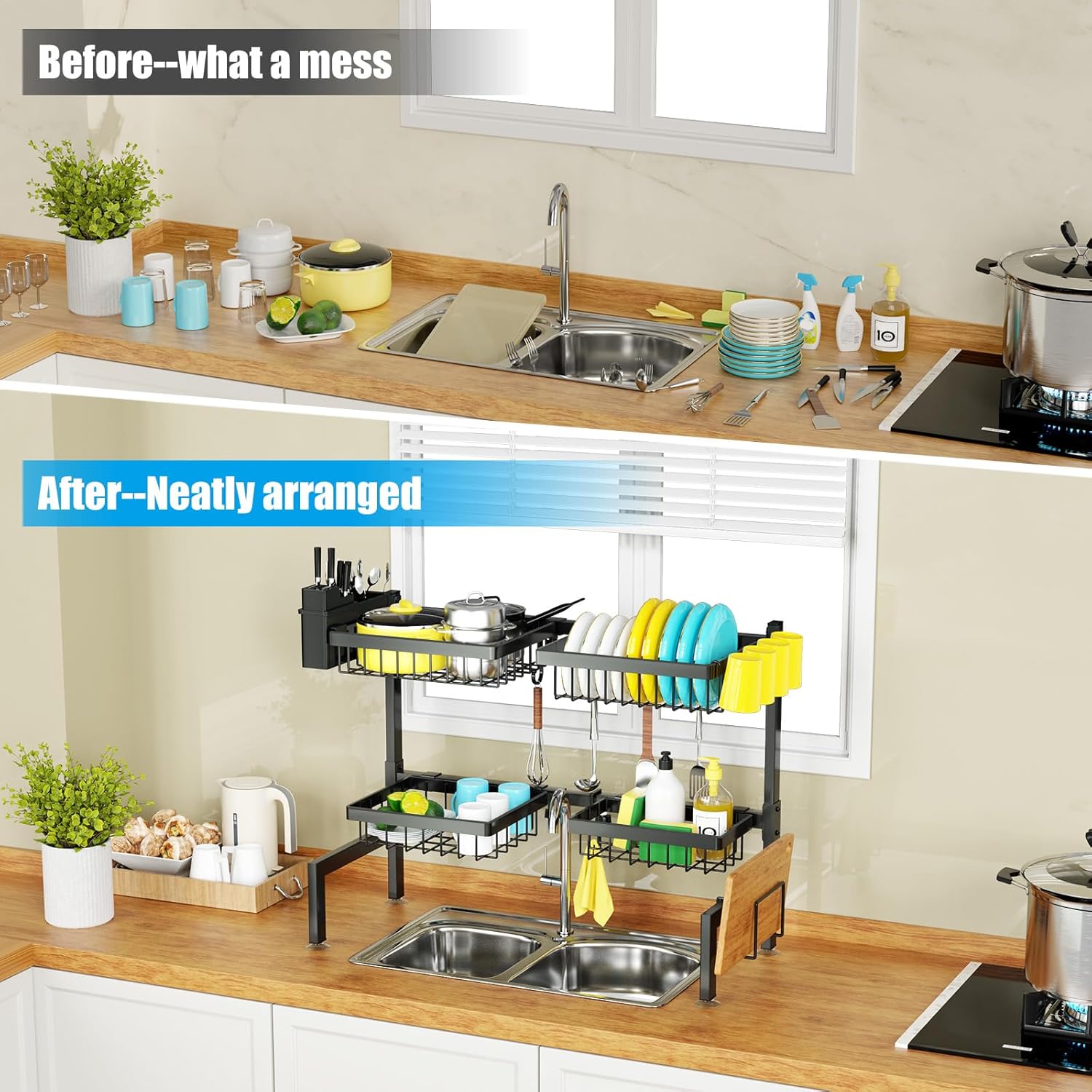 SNSLXH 4 Baskets 2-Tier Over The Sink Dish Drying Rack, 26.57