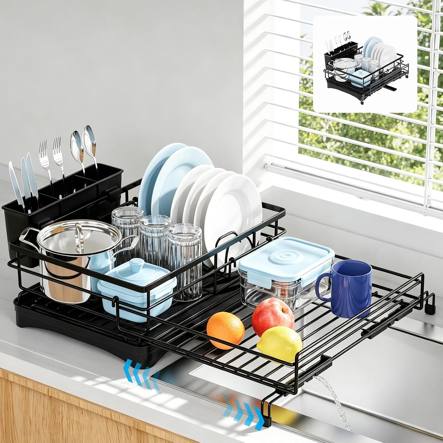 Expandable Dish Drying Rack for Kitchen Counter, Large Capacity Dish Rack with 360 °   Rotatable Drain Spout & Utensil Holder, Stainless Steel Dish Drainer for Kitchen Sink, Black