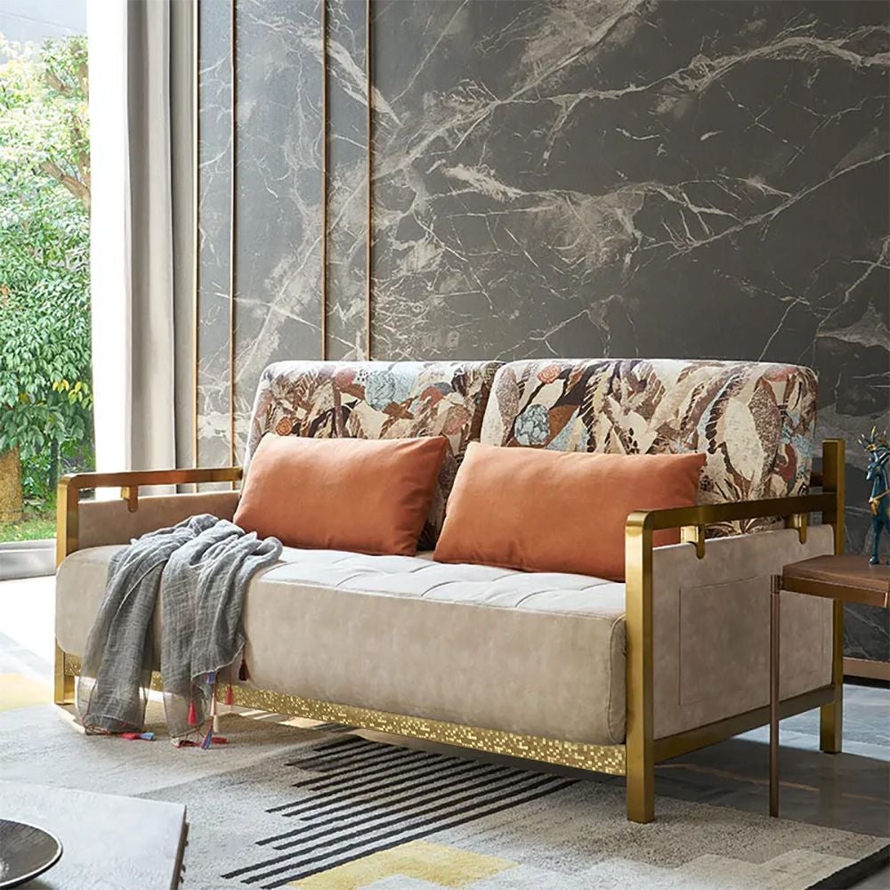 Canapé-lit convertible moderne Queen, métal doré, revêtement beige, coussins inclus