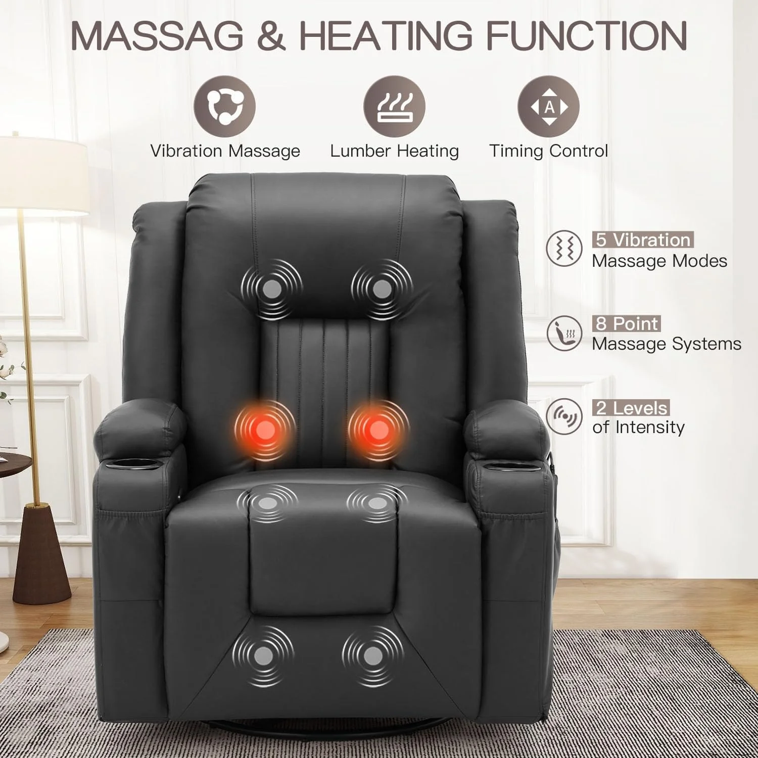 AECOJOY 3 Pieces Leather Recliner Sofa Set with Swivel Massage Chair, Black