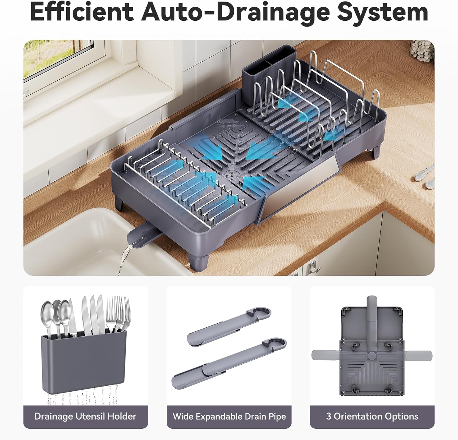 Urackify Large Dish Drying Rack, Expandable Dish Drainer, Gray