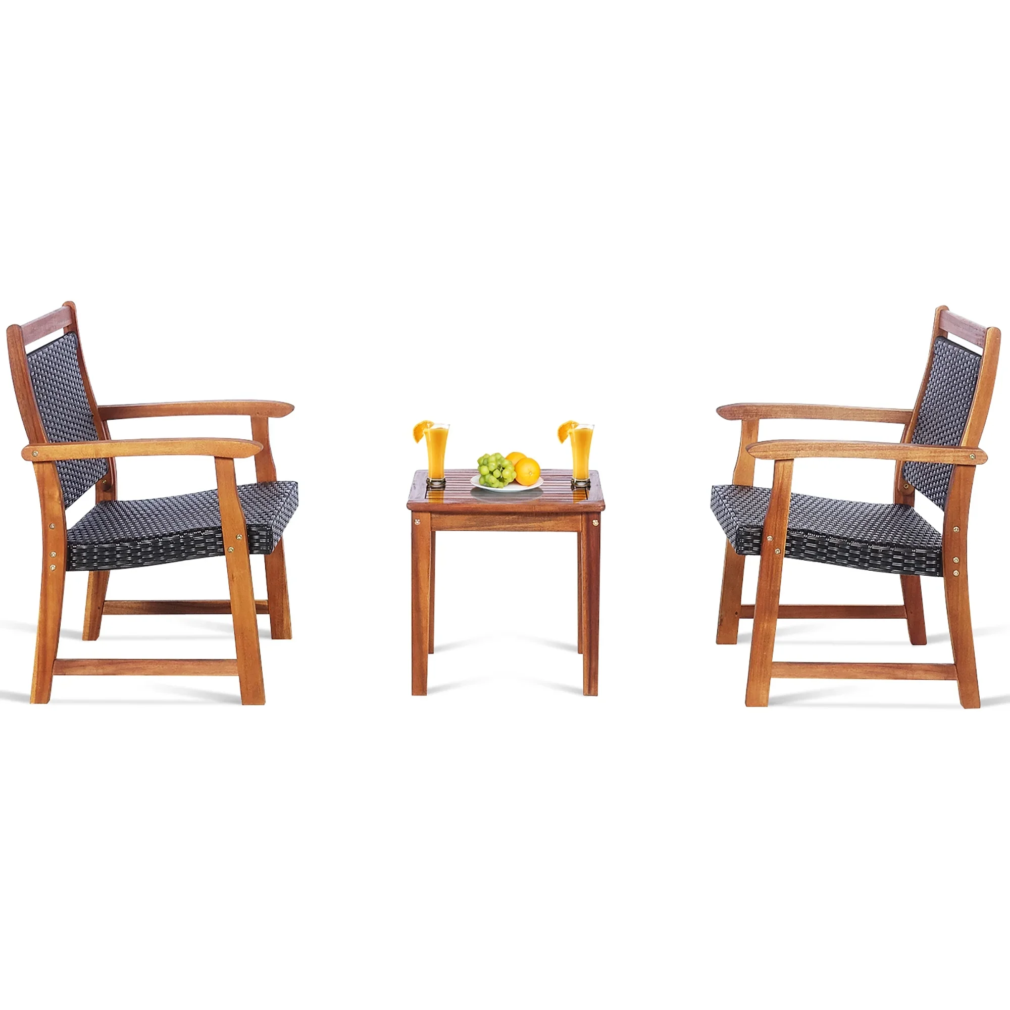 Costway 3PCS Patio Rattan Bistro Set Acacia Wood Frame Armrest Chairs Garden