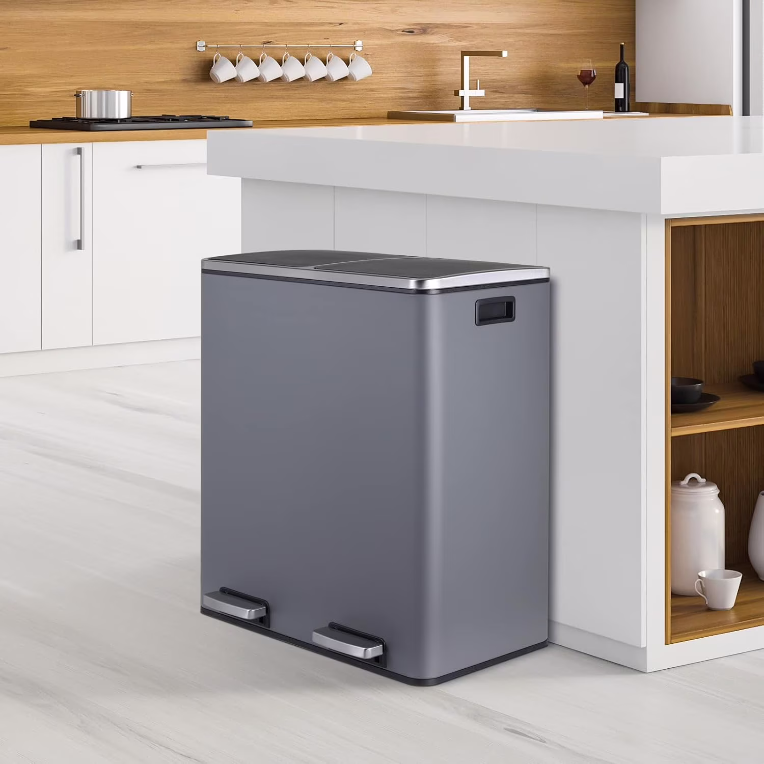 60 L/16 gal Dual Trash Can, Stainless Steel Garbage Can for Kitchen, Recycle Bin with Lid(Black) - Image 5