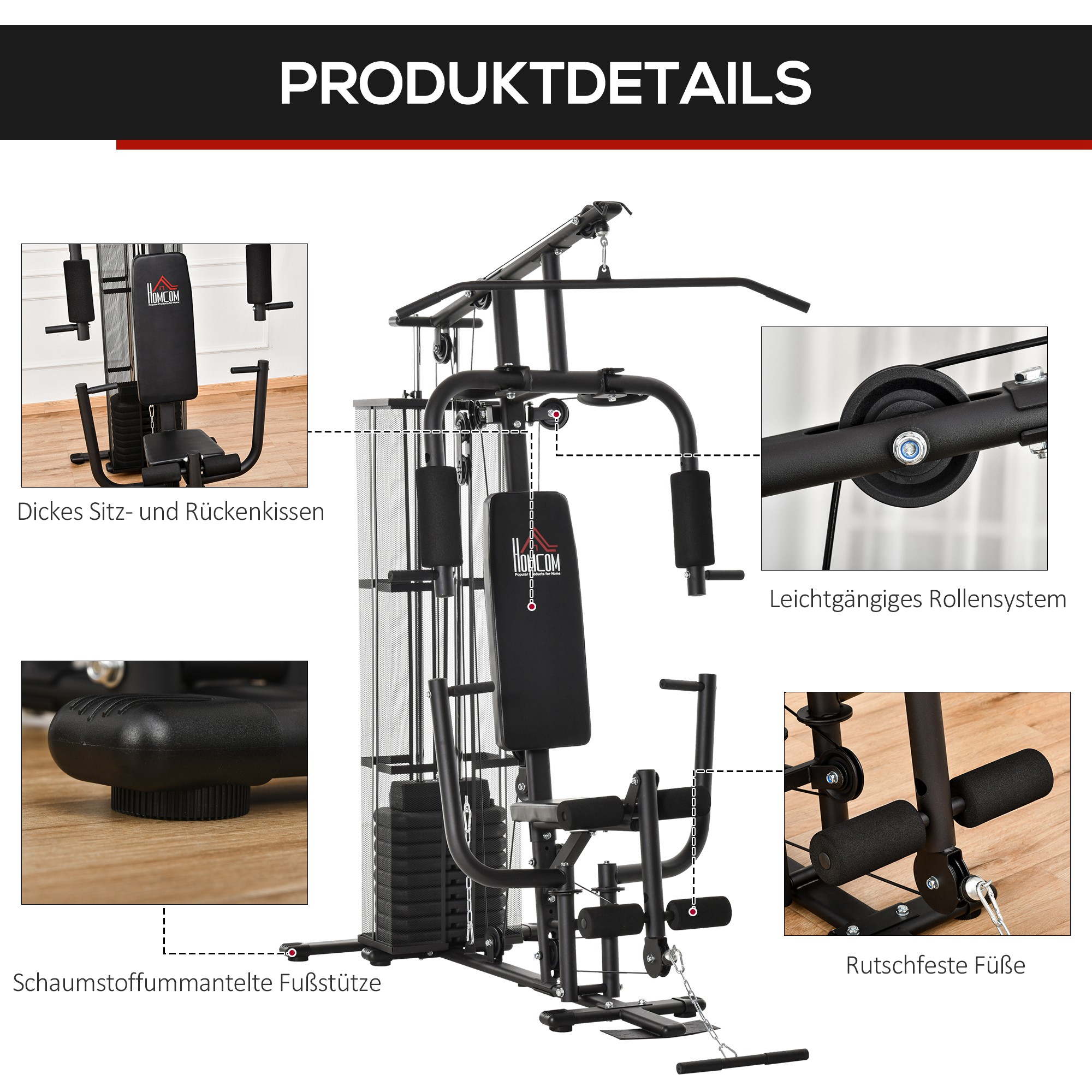 HOMCOM Gym Krachtstation Fitnessstation Multigym Fitnesscentrum Fitnessapparatuur incl. gewichten Latzug Beincurl Metaal PU-kunstleer zwart 150 x 110 x 210 cm