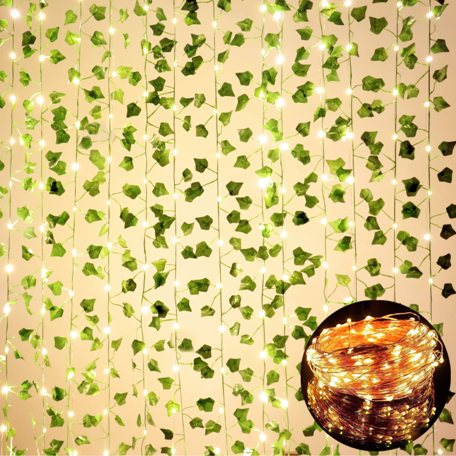 Comtelek 12 Pack Fake Vines for Room Decor with 100 LED String Light Artificial Ivy Garland Hanging Plants Faux Greenery Leaves Bedroom Aesthetic