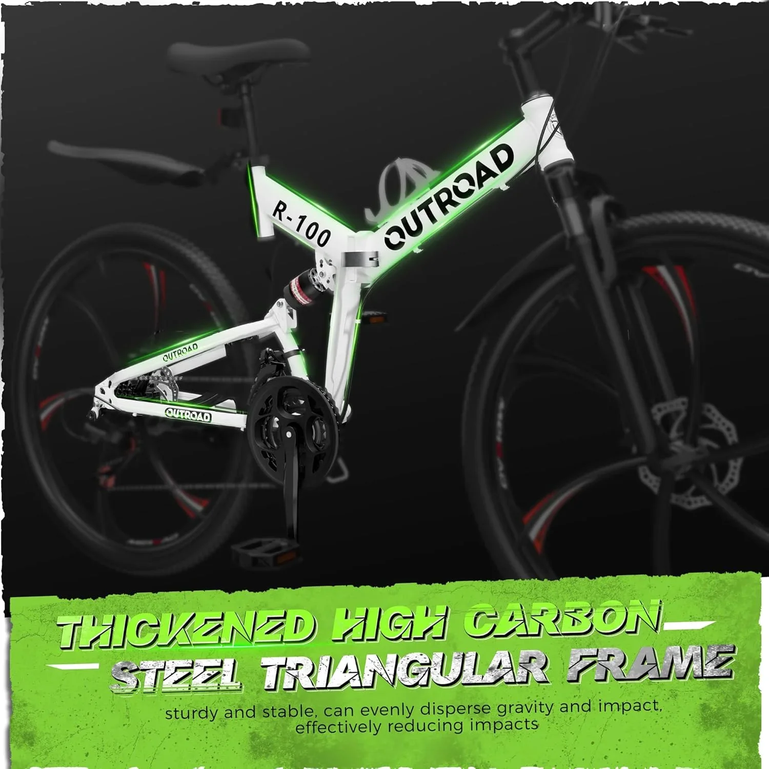 SUNCROWN 26 Inch Folding Mountain Bike, 21 Speed Full Suspension High-Carbon Steel MTB Foldable Bicycle, Dual Disc Brake Non-Slip Folding Bikes for Adults/Men/Women, Black