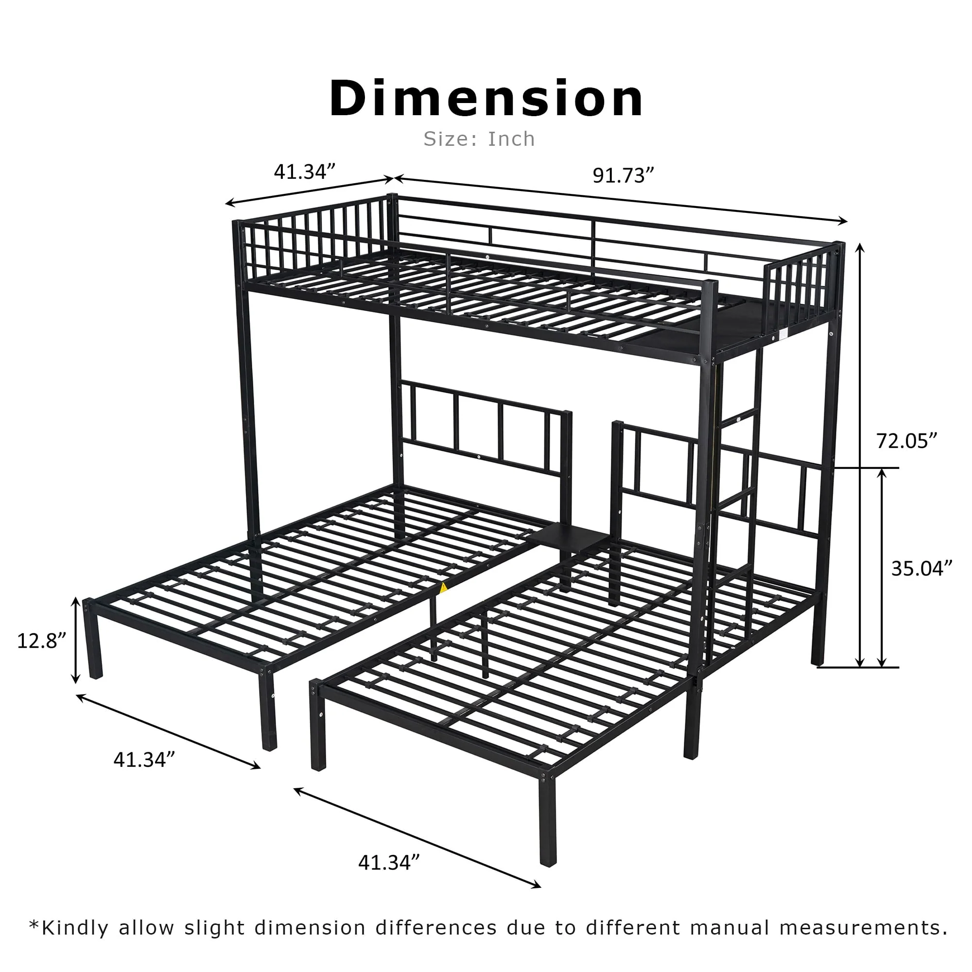 Triple Metal Bunk Bed Twin over Twin with Ladder for Kids, Boys Girls, Convertible Bunk Set, Black Image 2