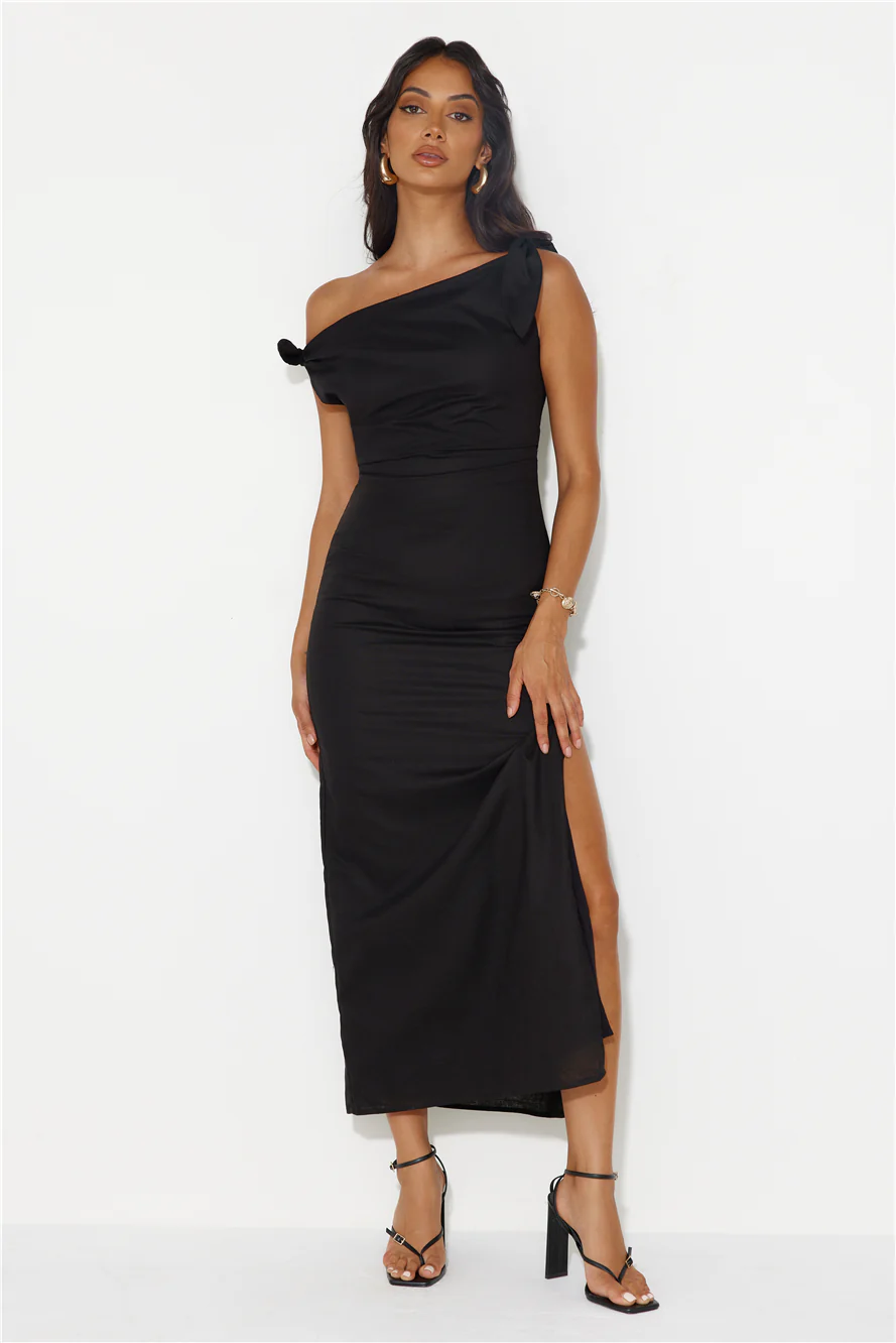 From Locations Linen Blend Off Shoulder Midi Dress Black