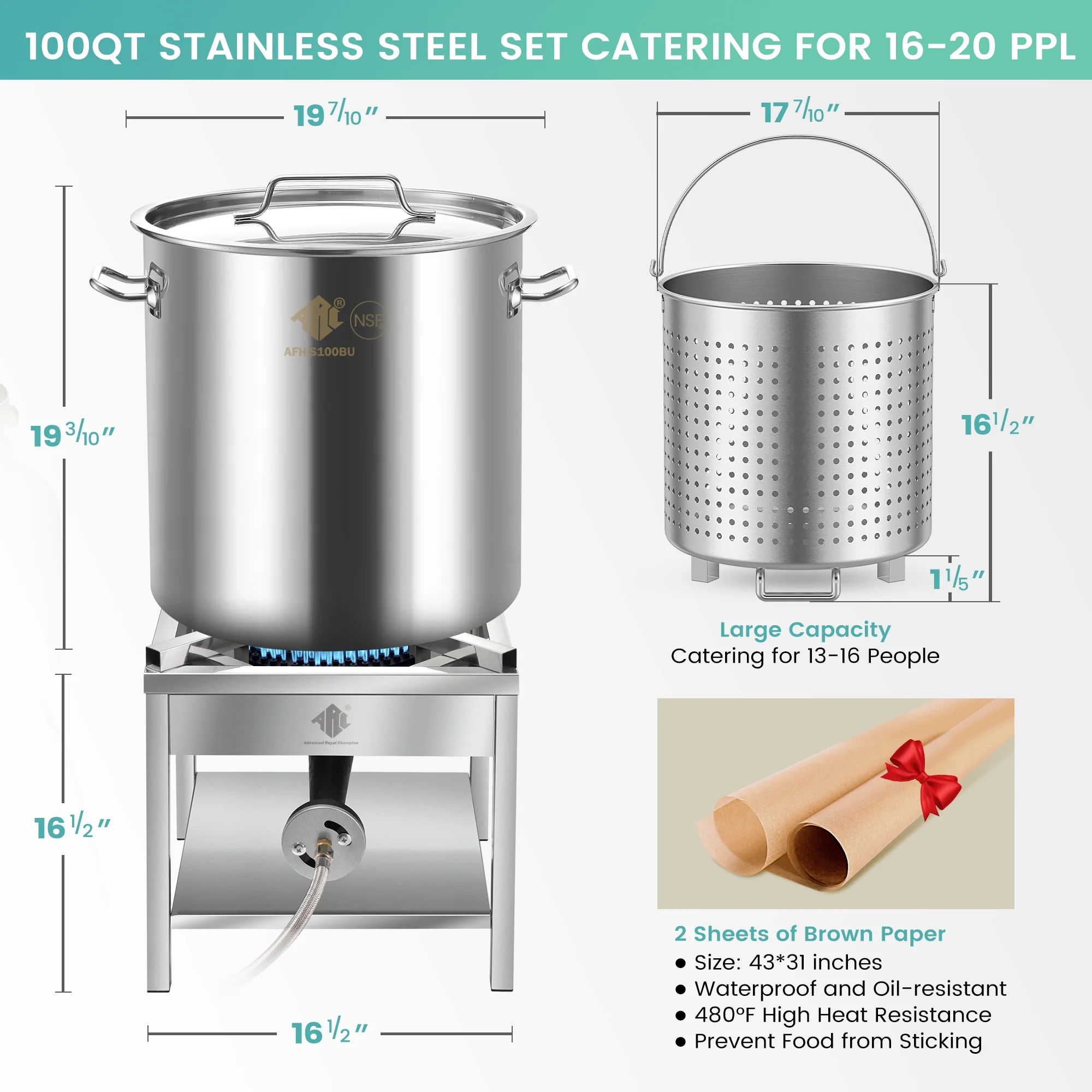 100QT Stainless Steel Seafood Boil Pot with 200, 000BTU Propane Burner, W/Basket for Outdoor Deep Fryer, Large Cooking Pot for Turkey Fryer, Crab, Crawfish, Shrimp, Lobster Boiling Stock Pot