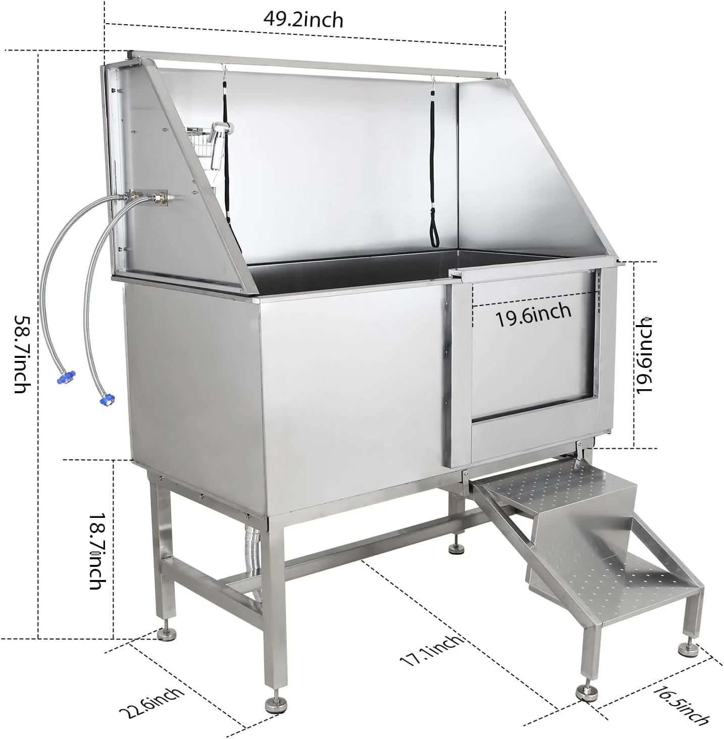 Baignoire pour chien de 127 cm (50 po), station de lavage pour animaux de compagnie, baignoire de toilettage professionnelle en acier inoxydable avec rampe, robinet, douchette, kit de vidange et porte à droite.