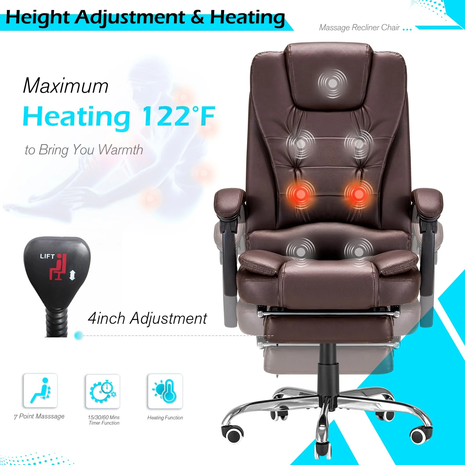 AECOJOY Office Chair with 7 Points Vibration Massage&Heat Functions, Brown Leather with Footrest