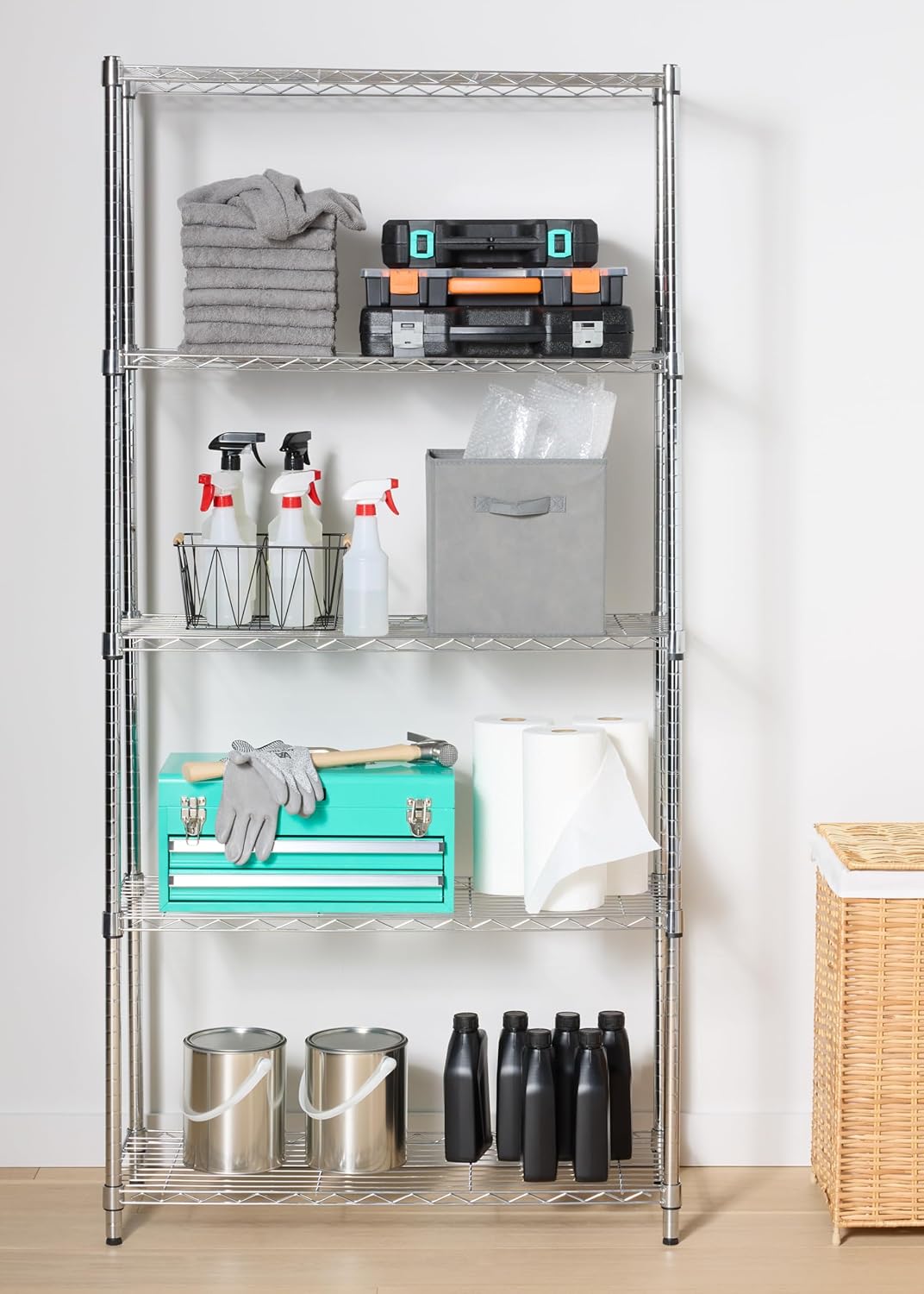 Amazon Basics 5-Shelf Adjustable Heavy Duty Steel Wire Rack, Space Saving Storage Shelving Organizer for Kitchen, Garage, No-Tool Assembly, 350 lbs Weight Capacity, 36