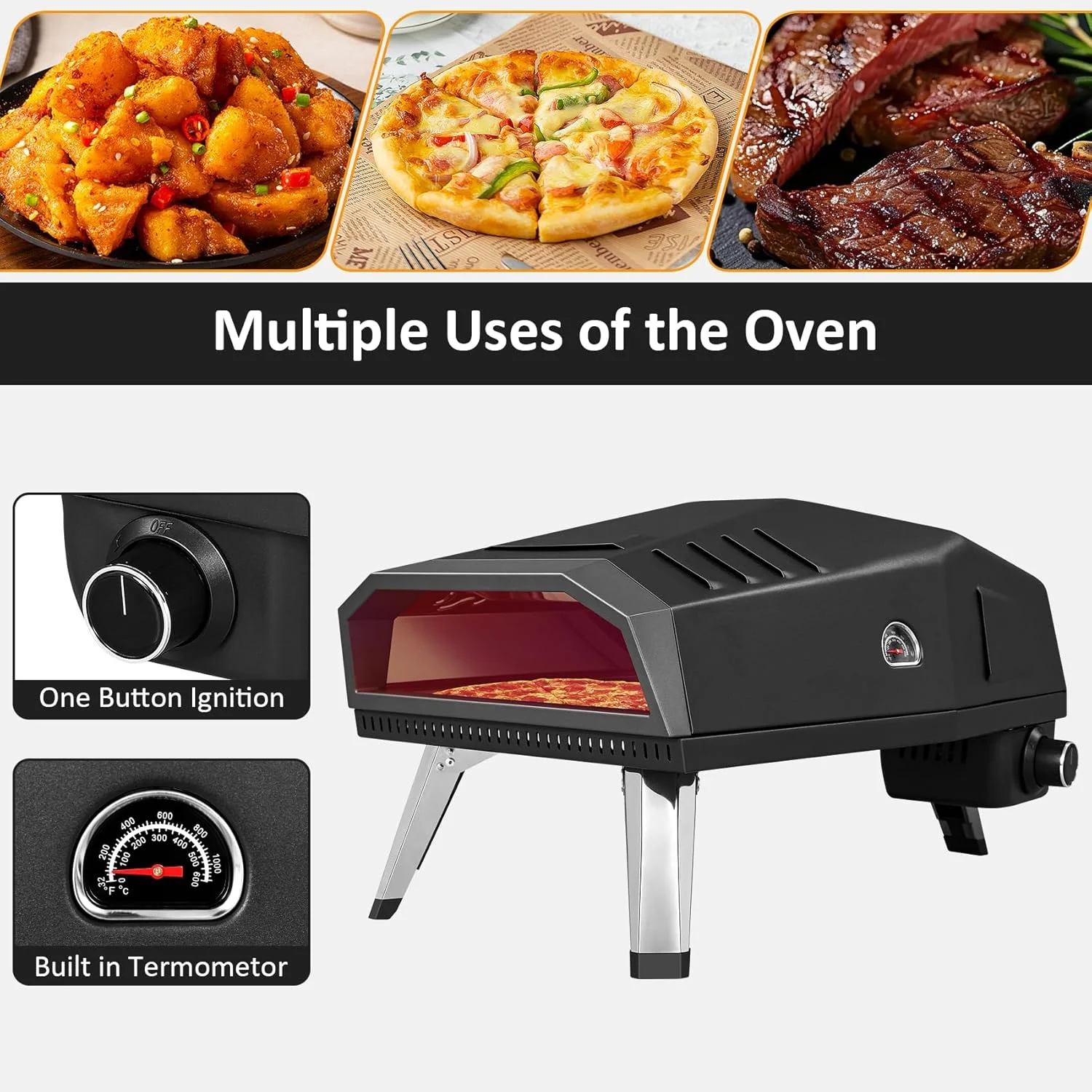 12" Pizza Oven, Pizza Oven Outdoor with Folding Design, Portable Outdoor Propane Gas Oven with Integrated Thermometer for Backyard, Camping, Picnic - Image 6