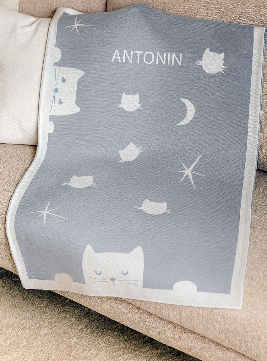 Plaid bébé motif chats en laine gris