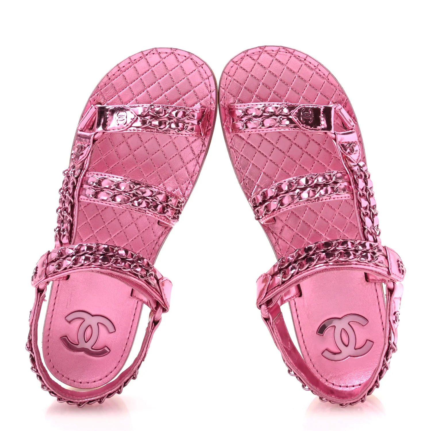 Metallic Laminated Goatskin Chain Flat Sandals 37.5 Pink