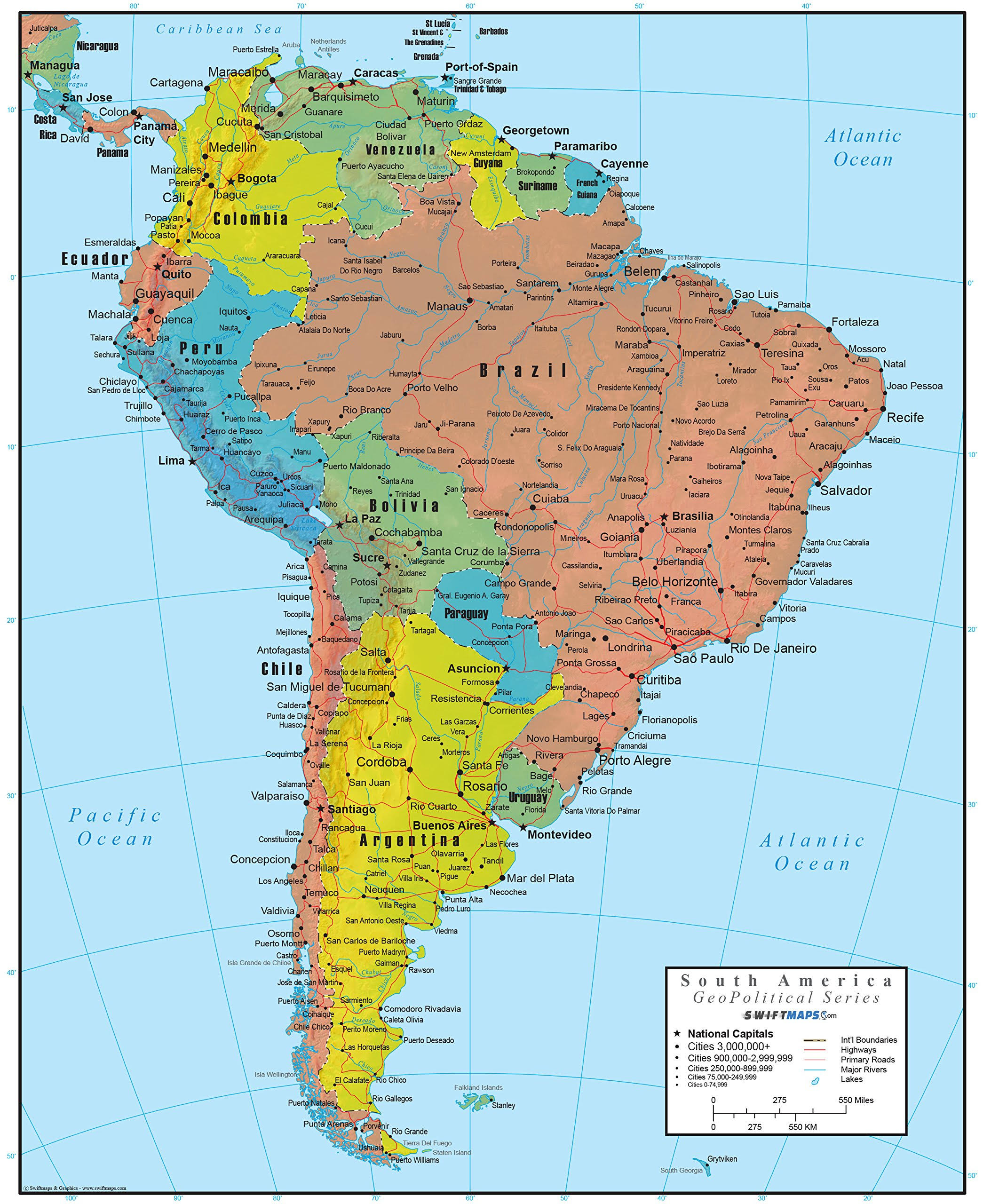 Swiftmaps South America Wall Map Geopolitical Edition by (36x44 Laminated)