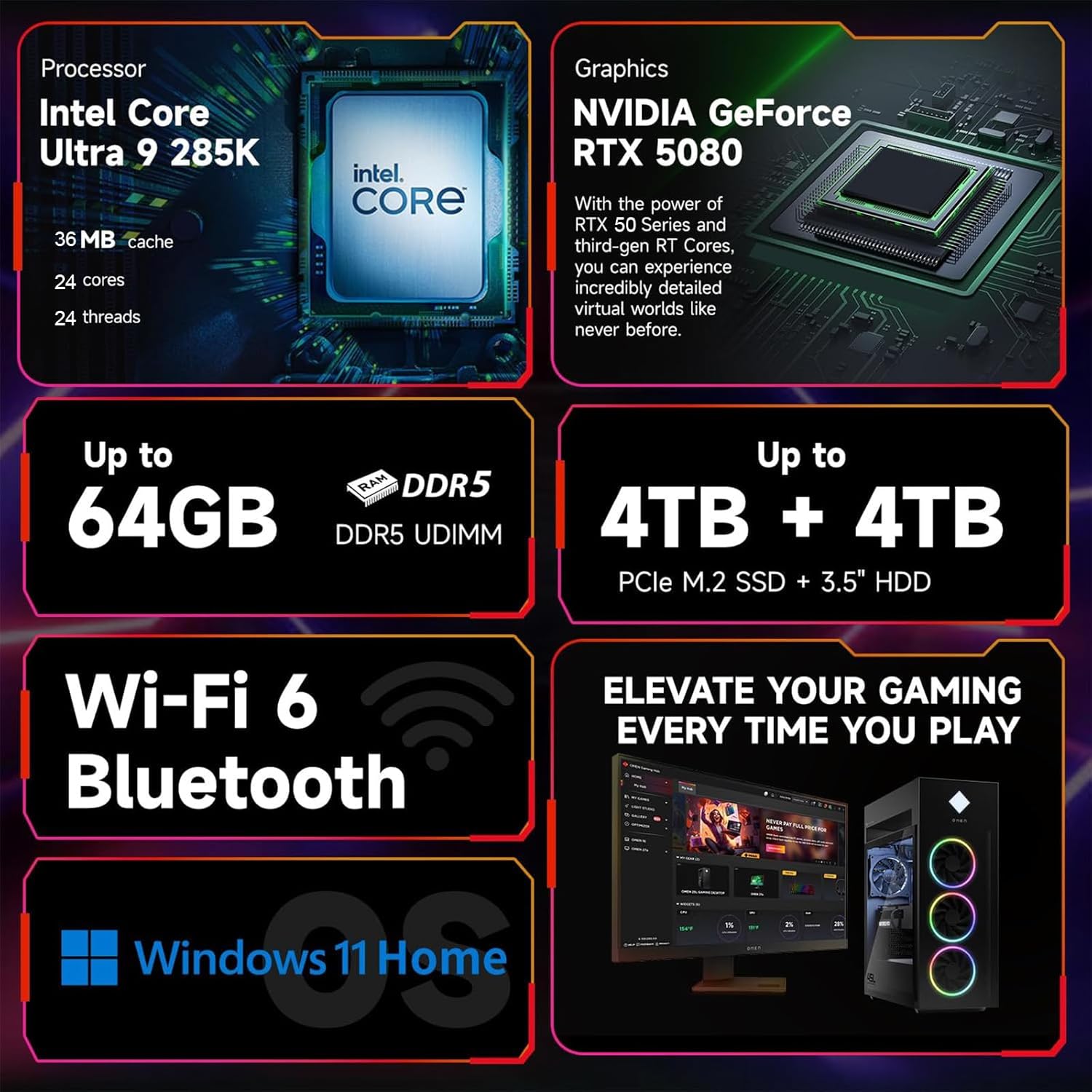 HP Omen 45L RTX 5080 Gaming Desktop  Intel Ultra 9 285K  64GB DDR5 RAM  2TB SSD  RGB Light Studio  DP  RJ-45  Black  Windows 11 Home