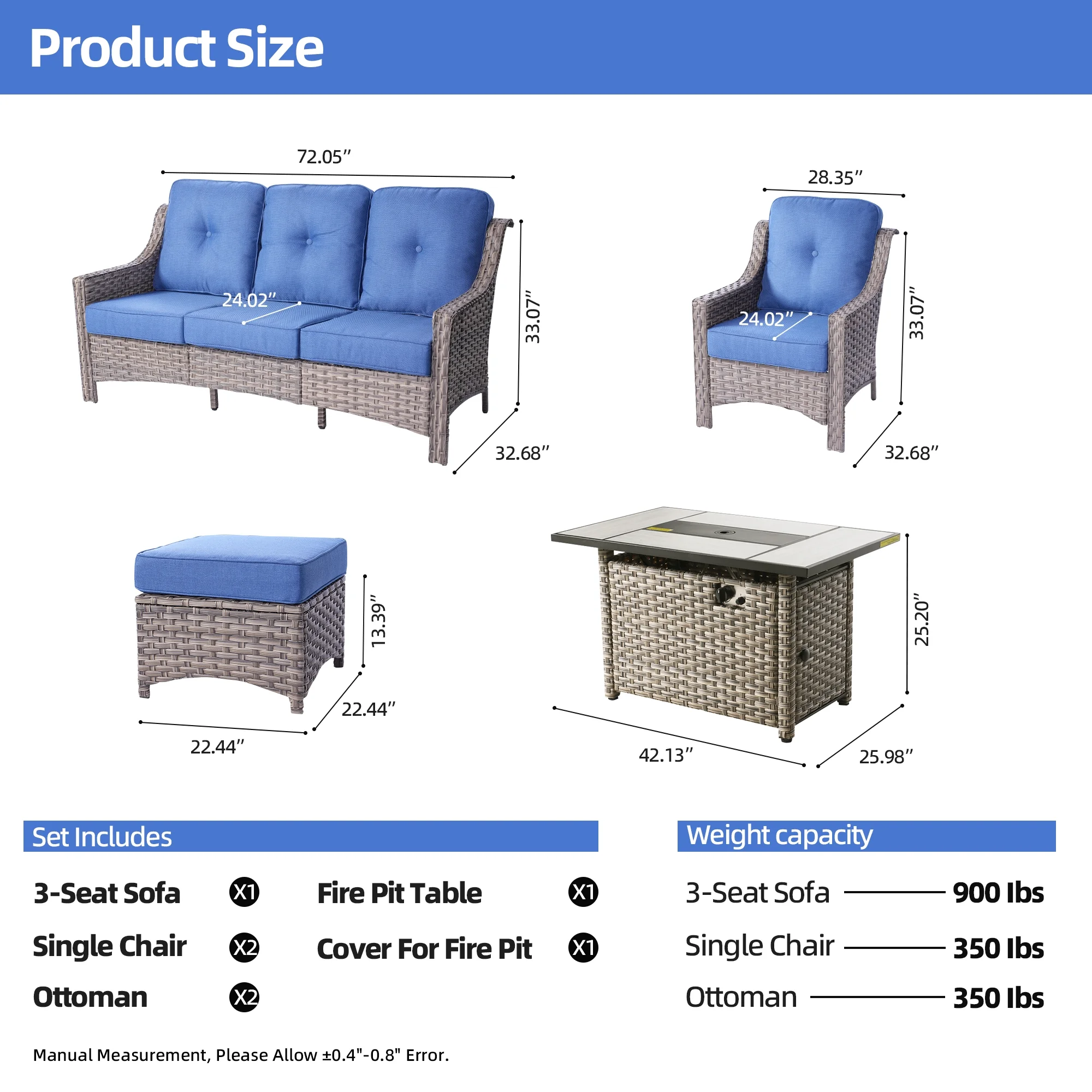Vcatnet 6 Pieces Outdoor Patio Furniture All-Weather Wicker High - Back Conversation Set with Fire Pit Table and Ottoman, Diamond Blue