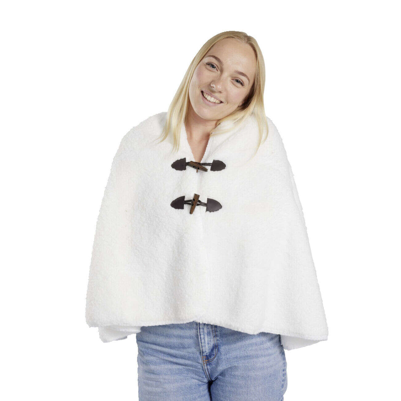 Veste plaid châle moutonné blanc 75x150cm avec boutons à brandebourg