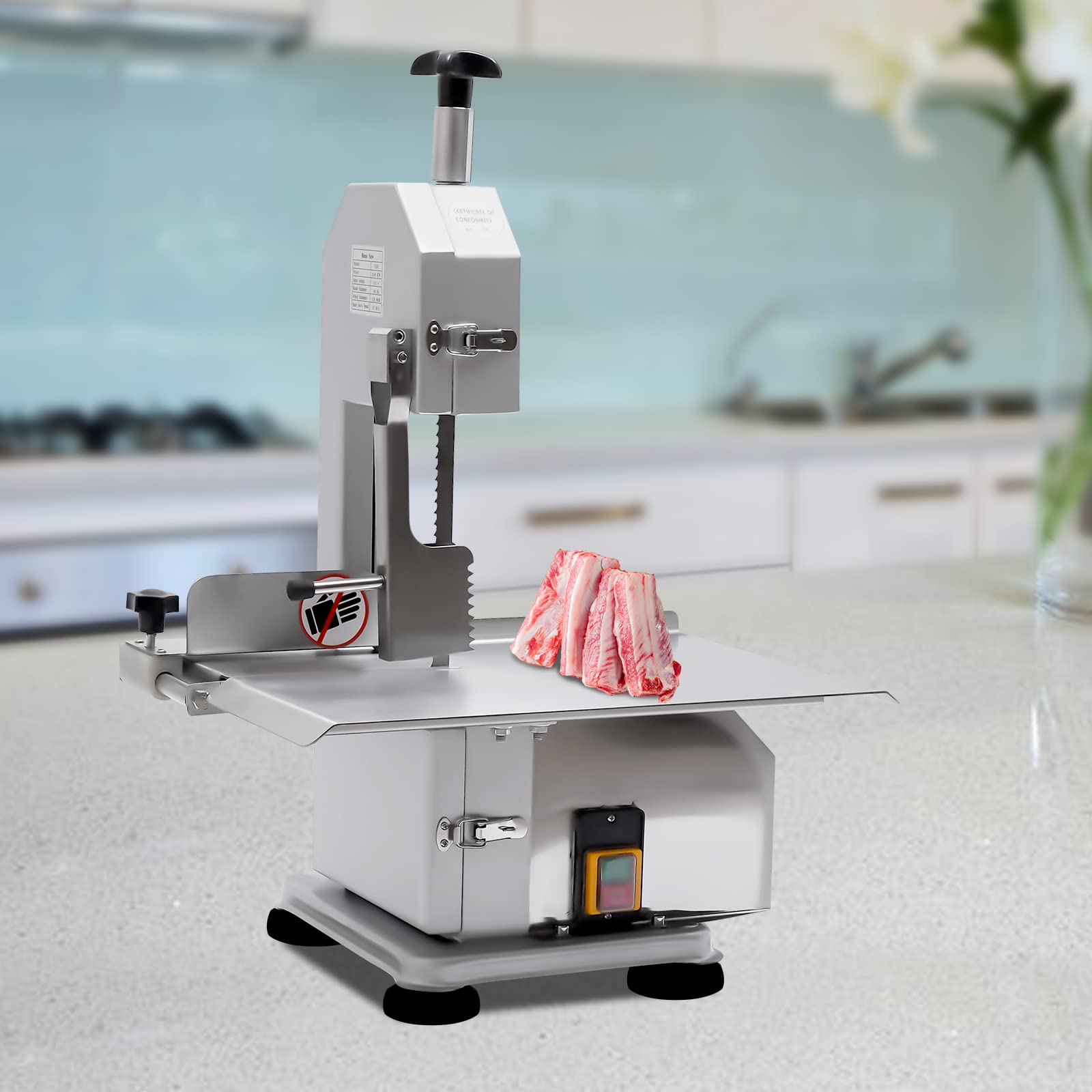 Electric Bone Saw Machine, 650W Commercial Countertop Frozen Meat Cutter with Adjustable Blade, 0.78-4.333in Cutting Thickness, 110 VElectric Meat Bandsaw Meat Cutter for Rib Pork Beef