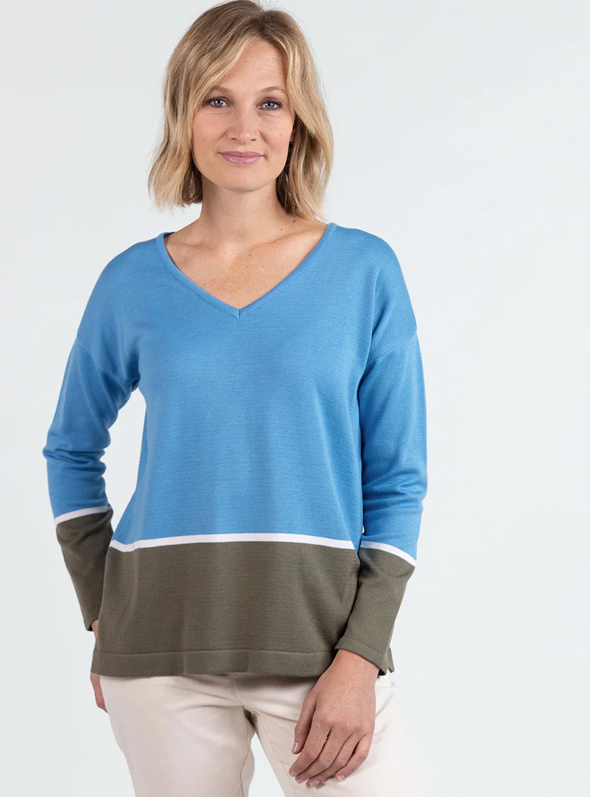 Pull femme col V coton bleu pacifique