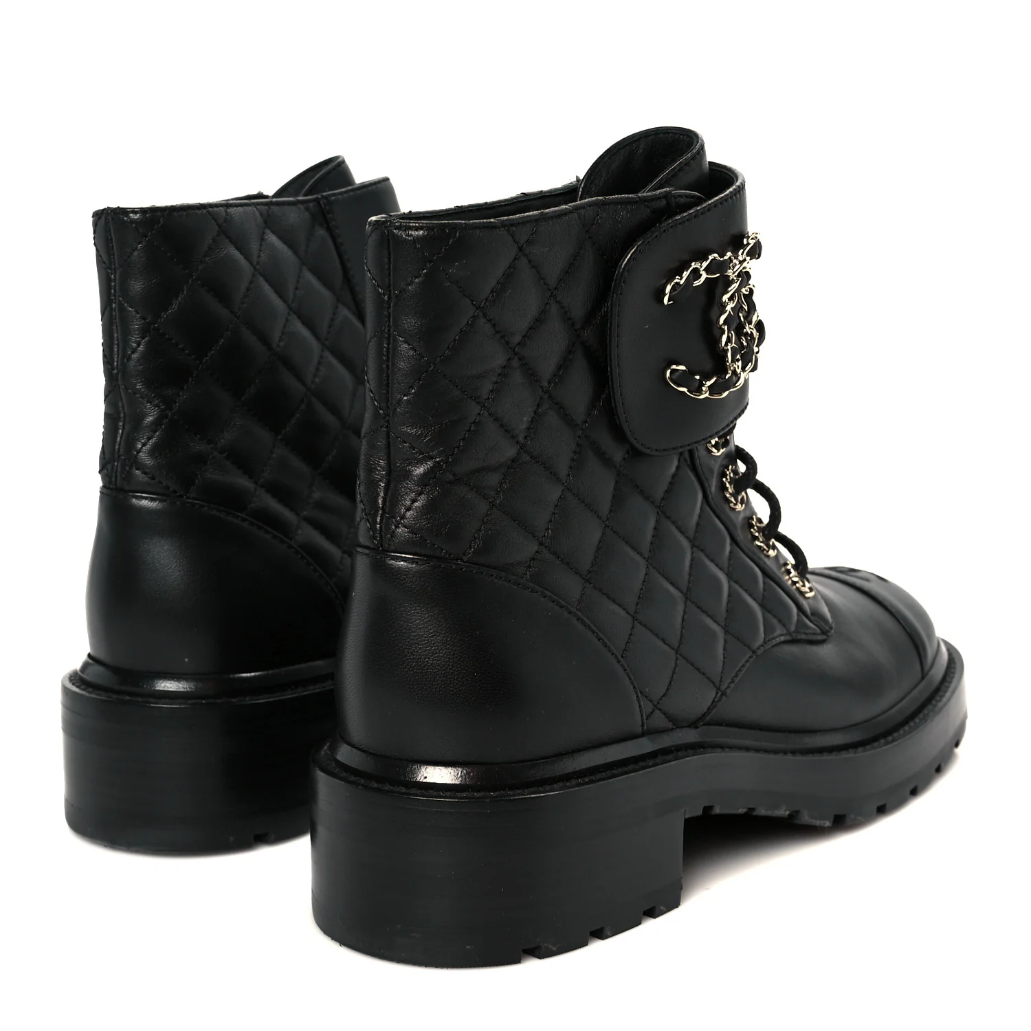Shiny Lambskin Quilted Lace Up Combat Boots 39 Black
