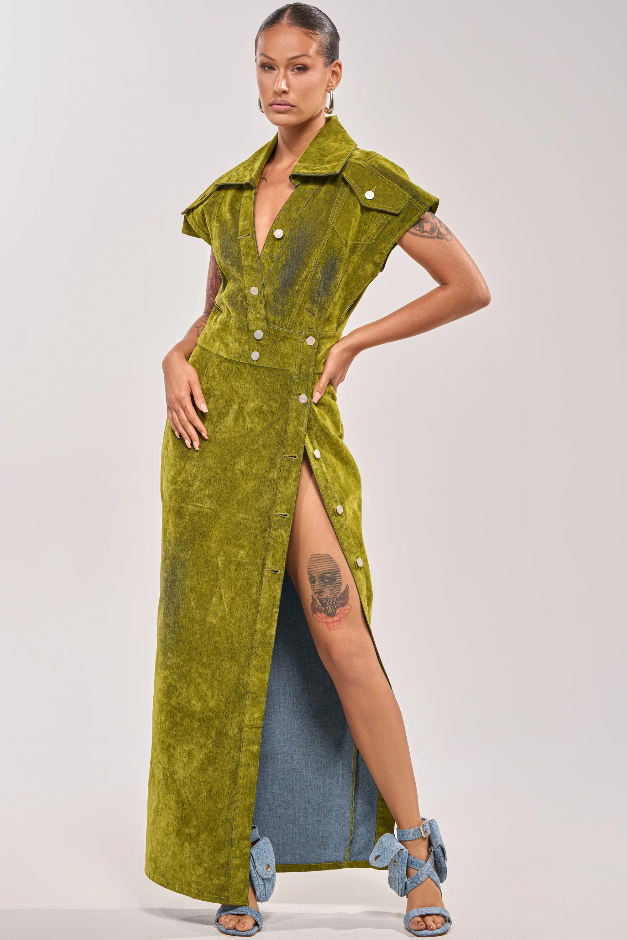 CHELSEA BUTTON DOWN MAXI DRESS IN CHARTREUSE VELVET DENIM - Akira Store
