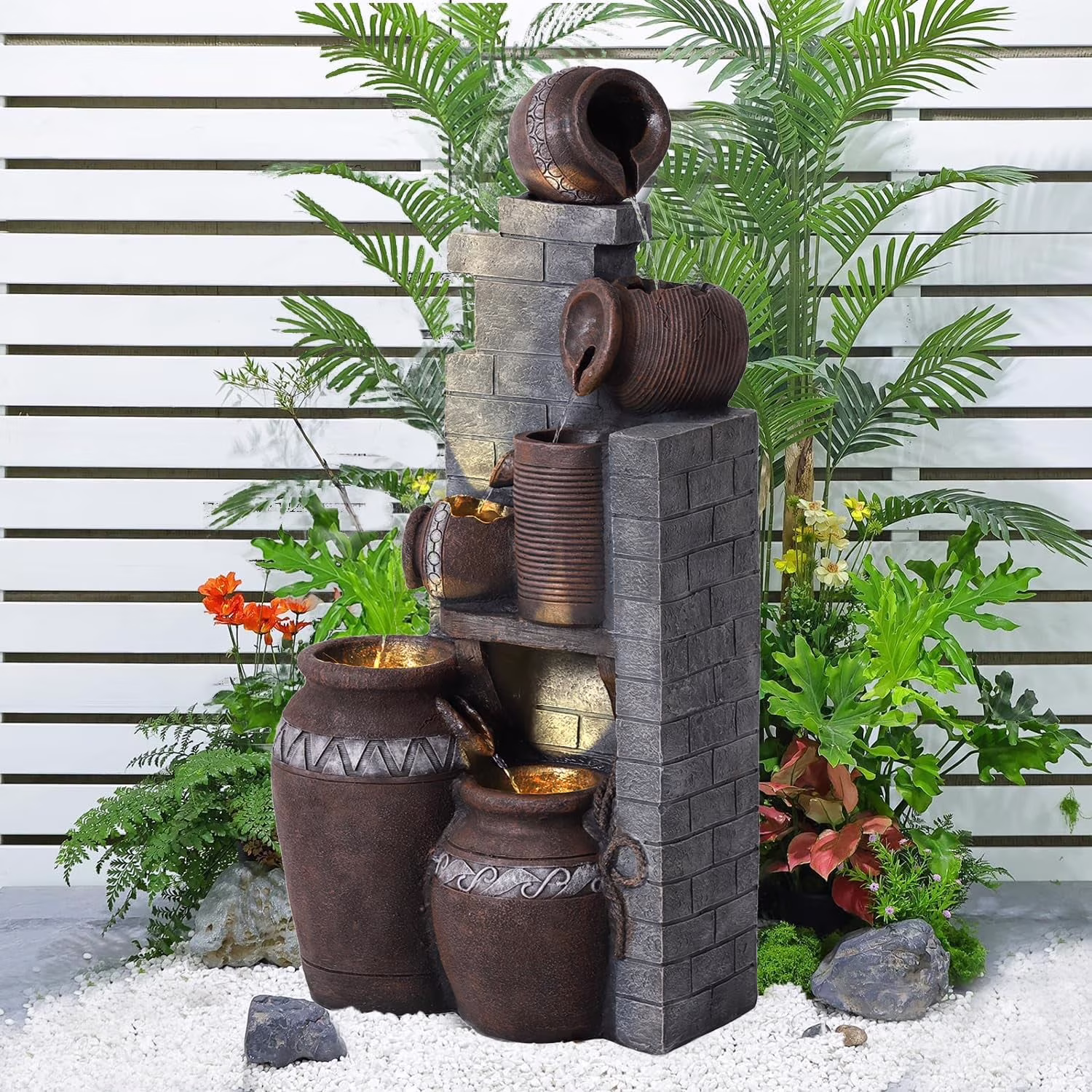 Haverchair 39.3 Outdoor Water Fountain with LED Lights 5 Tiers Modern Cascading Large Outdoor Fountain with Lights for Garden, Patio, Backyard, Deck, Porch and Home Art Decor