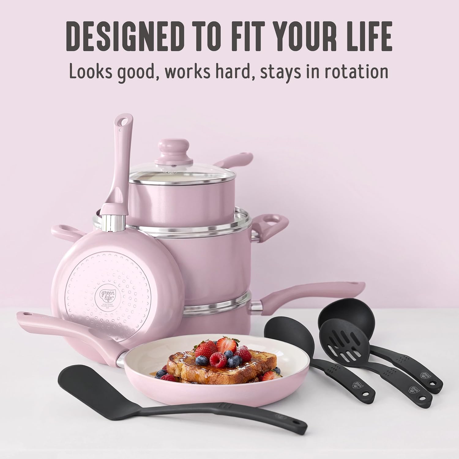 GreenLife 16pc Ceramic Nonstick Pots & Pans Cookware Set, Blush Pink