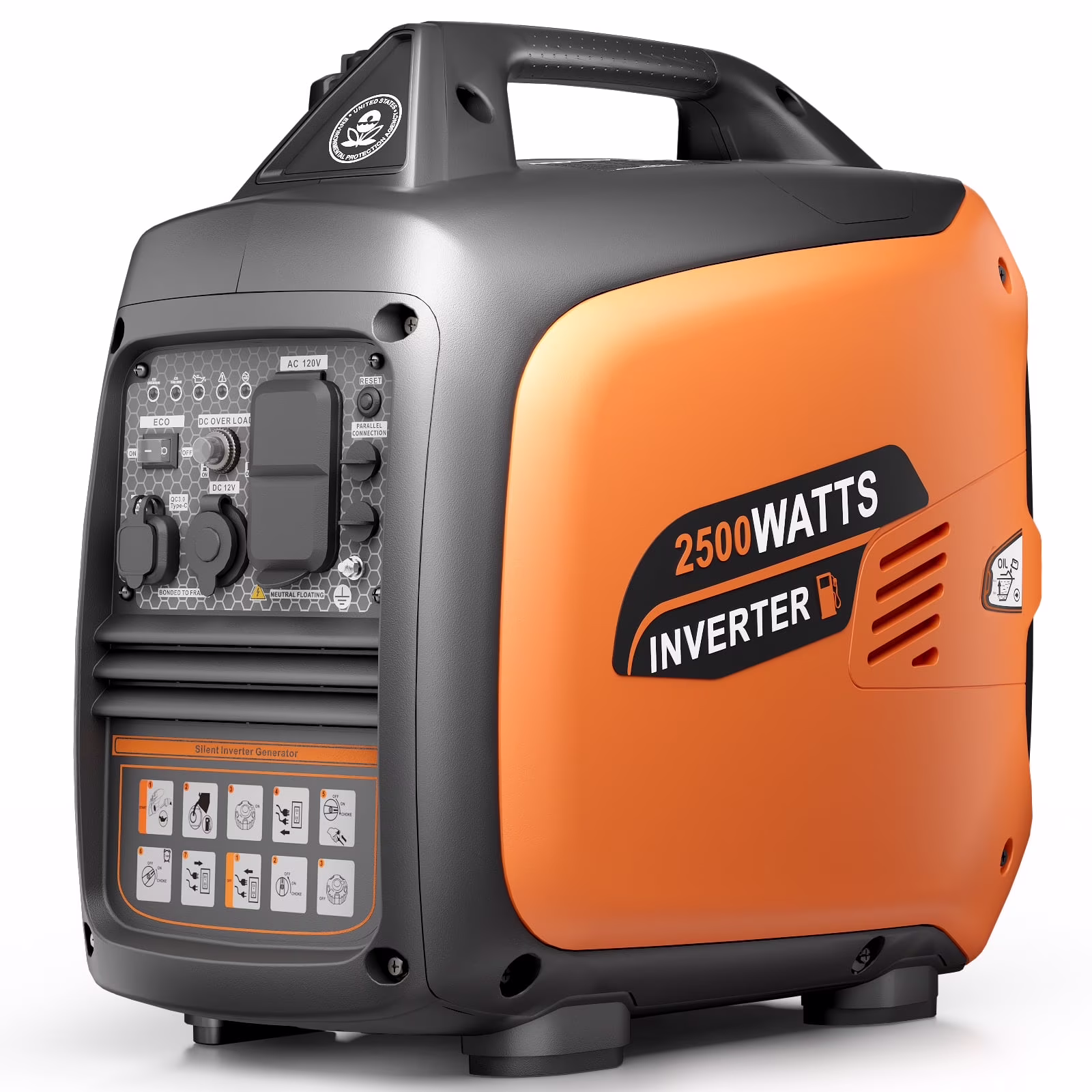 2500-Watt Portable Inverter Generator Gas Powered, EPA Compliant, Parallel Capability, CO Shutdown, Low Noise for Camping and Home Use(Black and Orange)