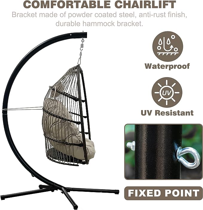 Fauteuil suspendu en forme d'œuf, fauteuil hamac, fauteuil panier, balancelle suspendue, coussin résistant aux UV avec support pour chambre intérieure, jardin extérieur