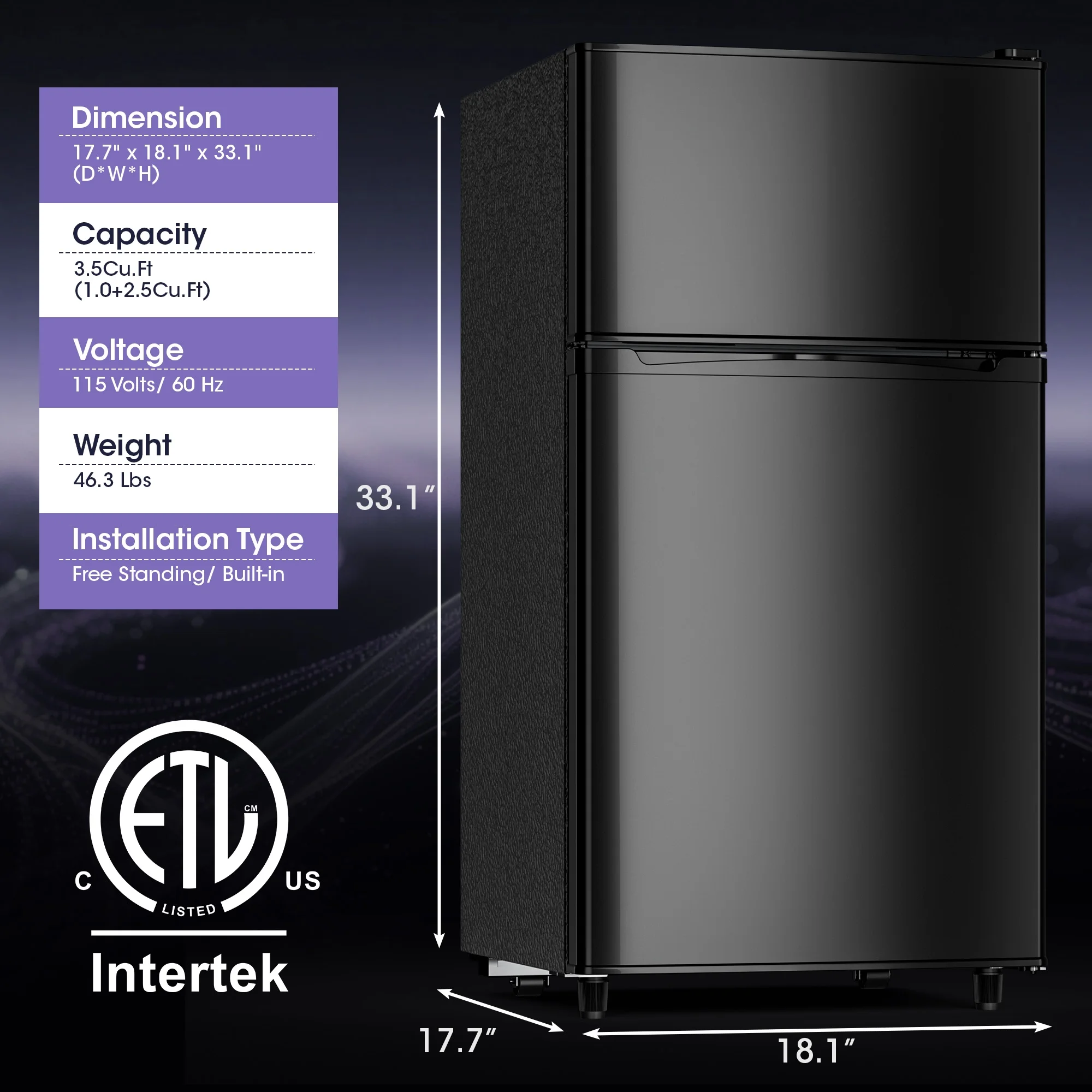 Manastin 3.5 Cu.ft Mini Fridge with Freezer, Adjustable Thermostat, Low Noise, Removable Glass Shelves, 2 Door Small Refrigerator for Kitchen, Office, Bedroom, Black