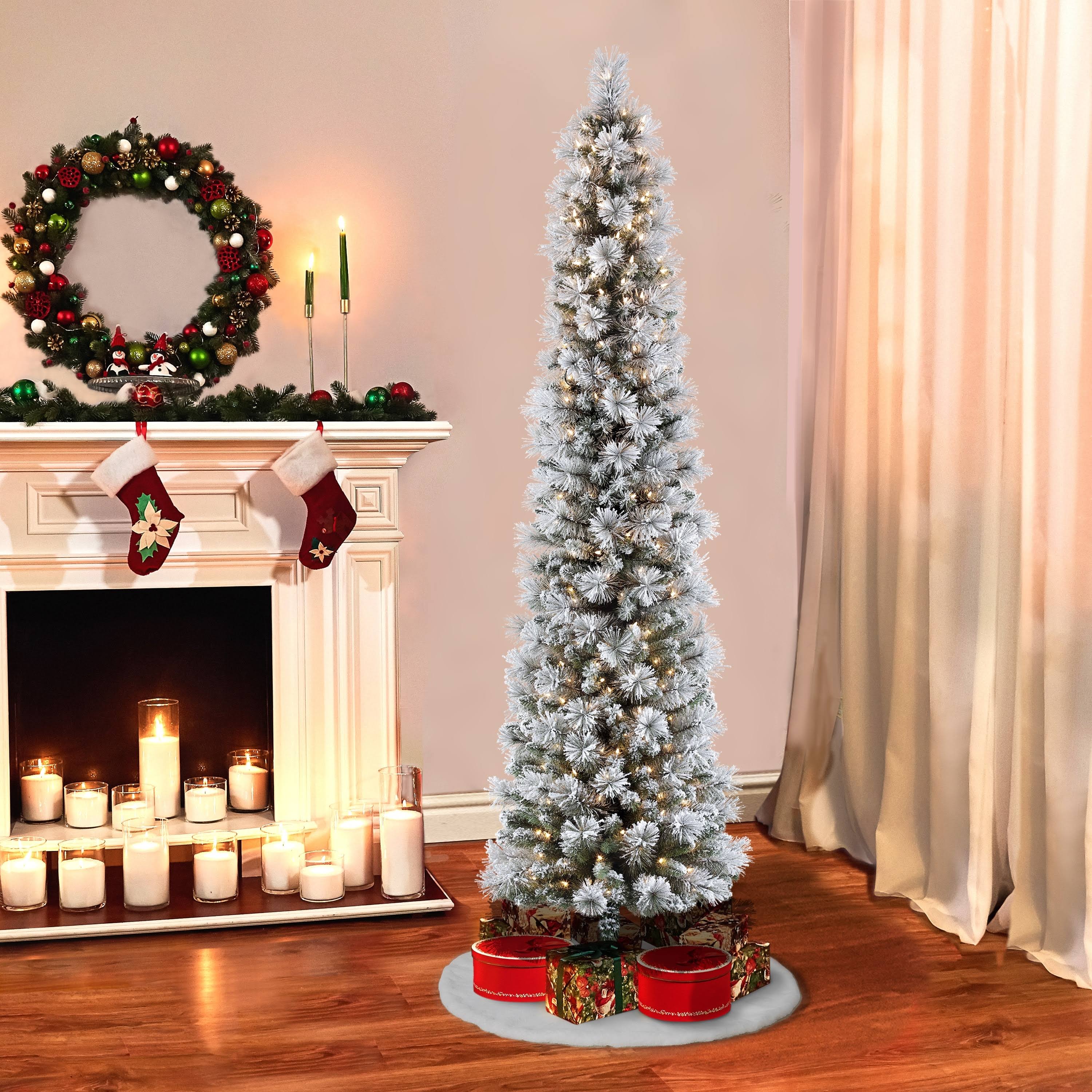 Puleo International 7.5 ft Pre-Lit Flocked Pencil Portland Pine Artificial Christmas Tree with 350 UL-Listed Clear Lights