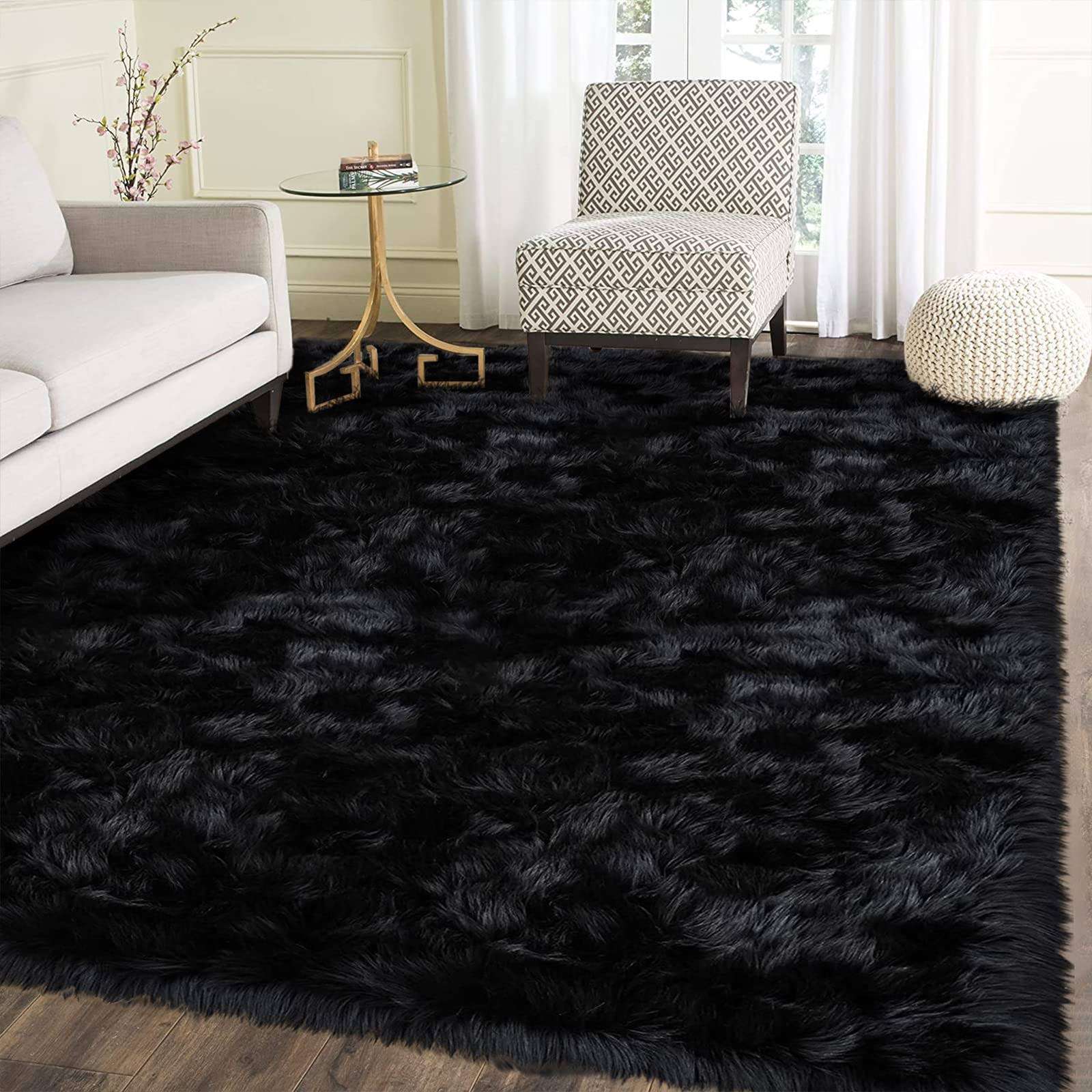 Latepis Area Rug 6x8, Faux Fur Sheepskin Rug for Living Room, Fluffy Washable Rug for Bedroom, Dorm, Luxury Room Decor, Black Fur Rug, Rectangle