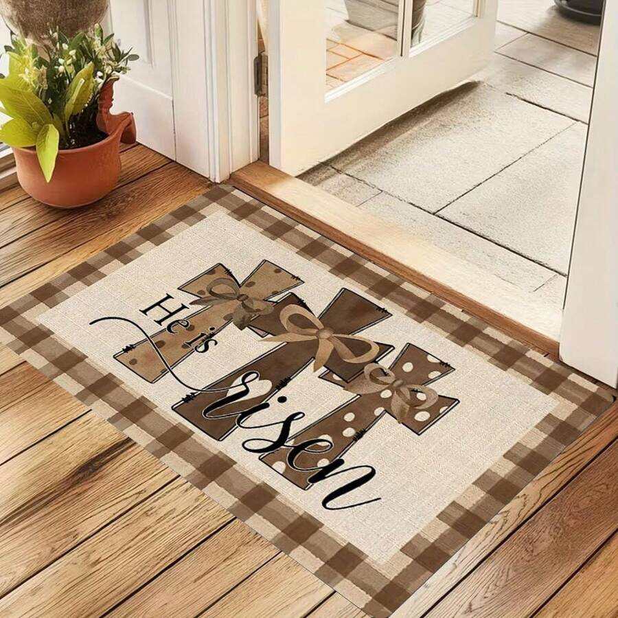 1pc Easter Cross With Bow Pattern Flannel Carpet |   Religious Festival Style, Anti-Slip, Soft, Comfortable, Easy To Clean, Suitable For Bedroom, Living Room, Dining Room, Kitchen, Bathroom, And Entrance - wanlinfang