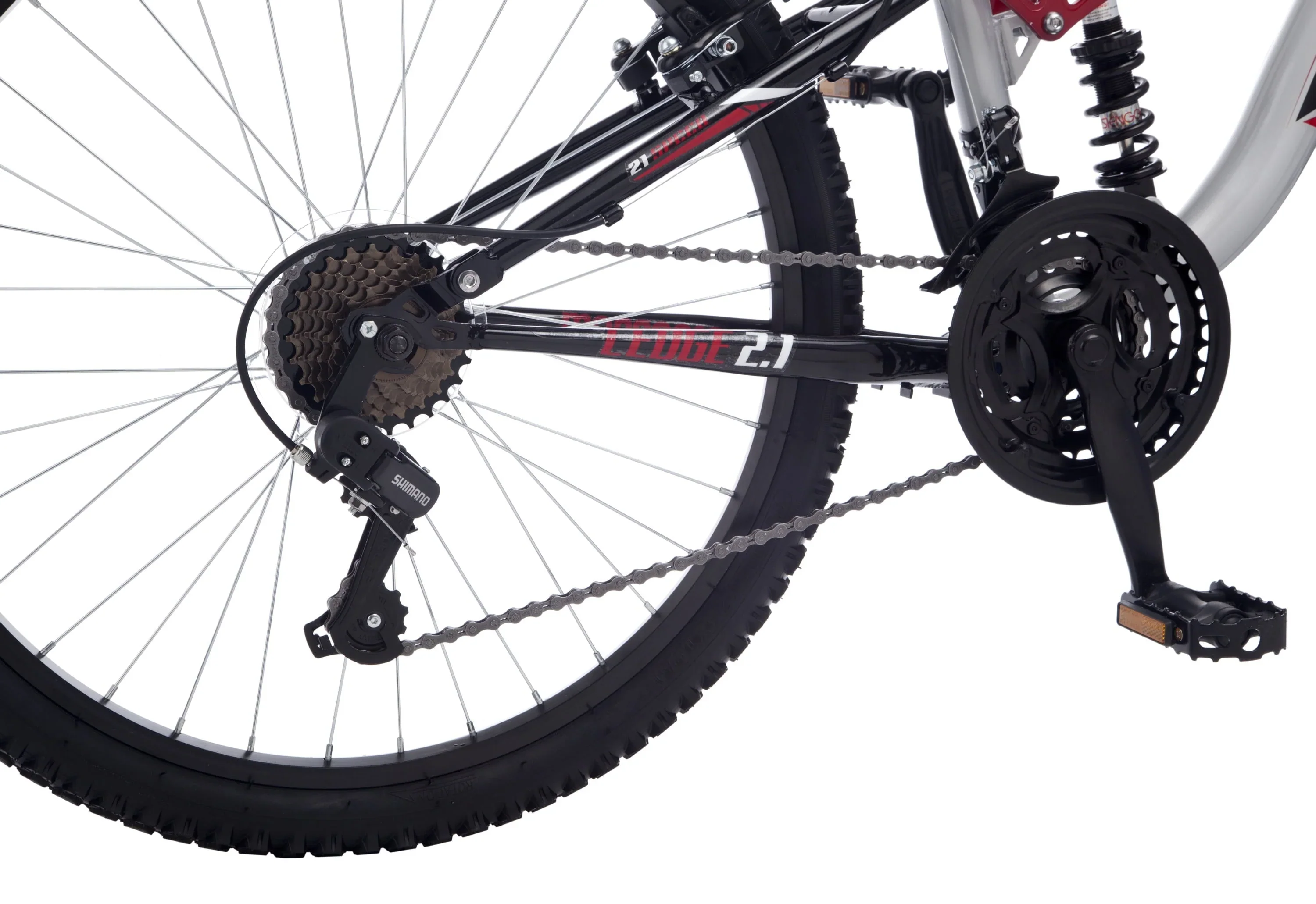 Mongoose Ledge 2.1 Mountain Bike, 24-inch wheels, 21 speeds, boys frame, Silver/Red
