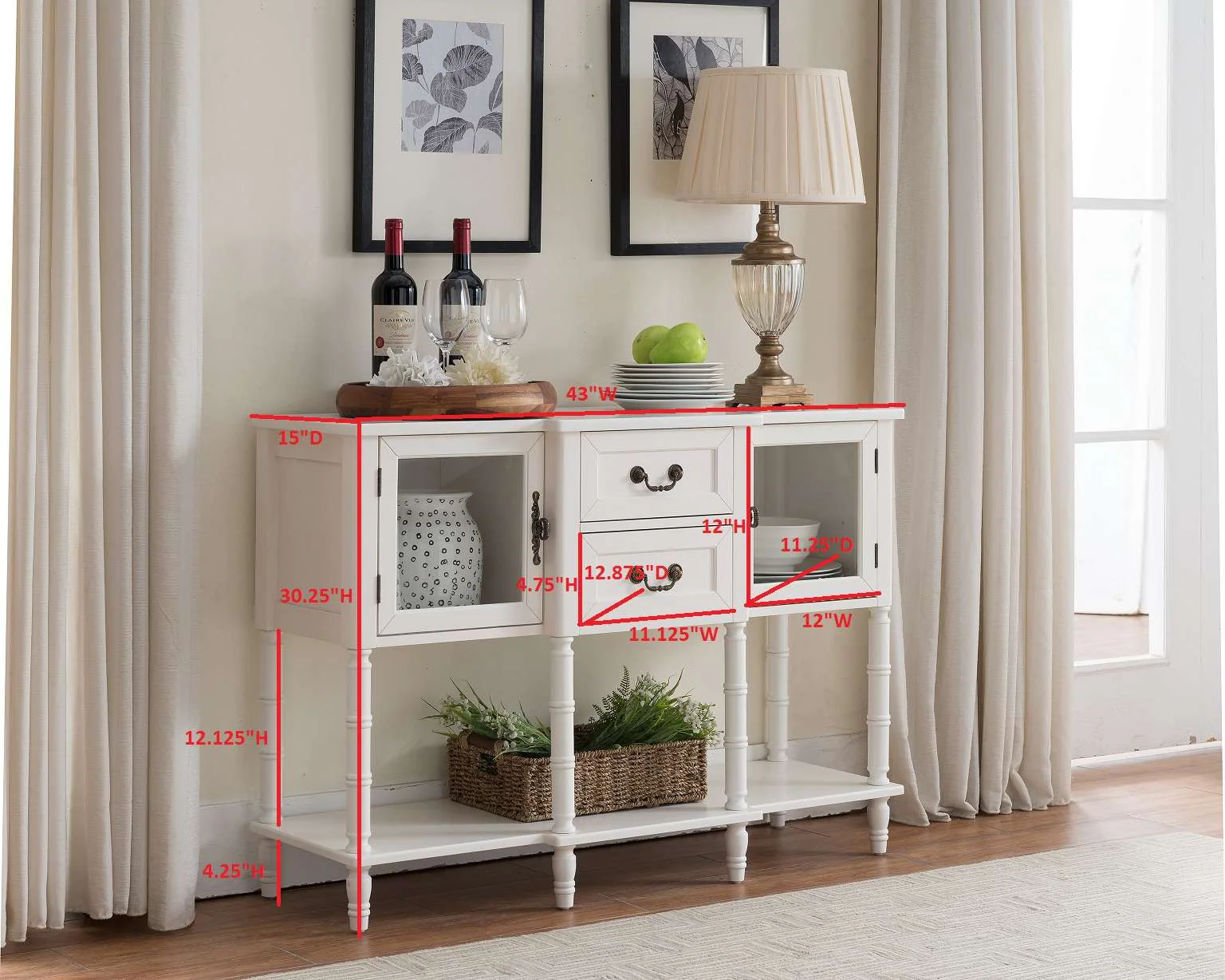 Wood Buffet Sideboard Cabinet Console Table, Cream White - Image 3