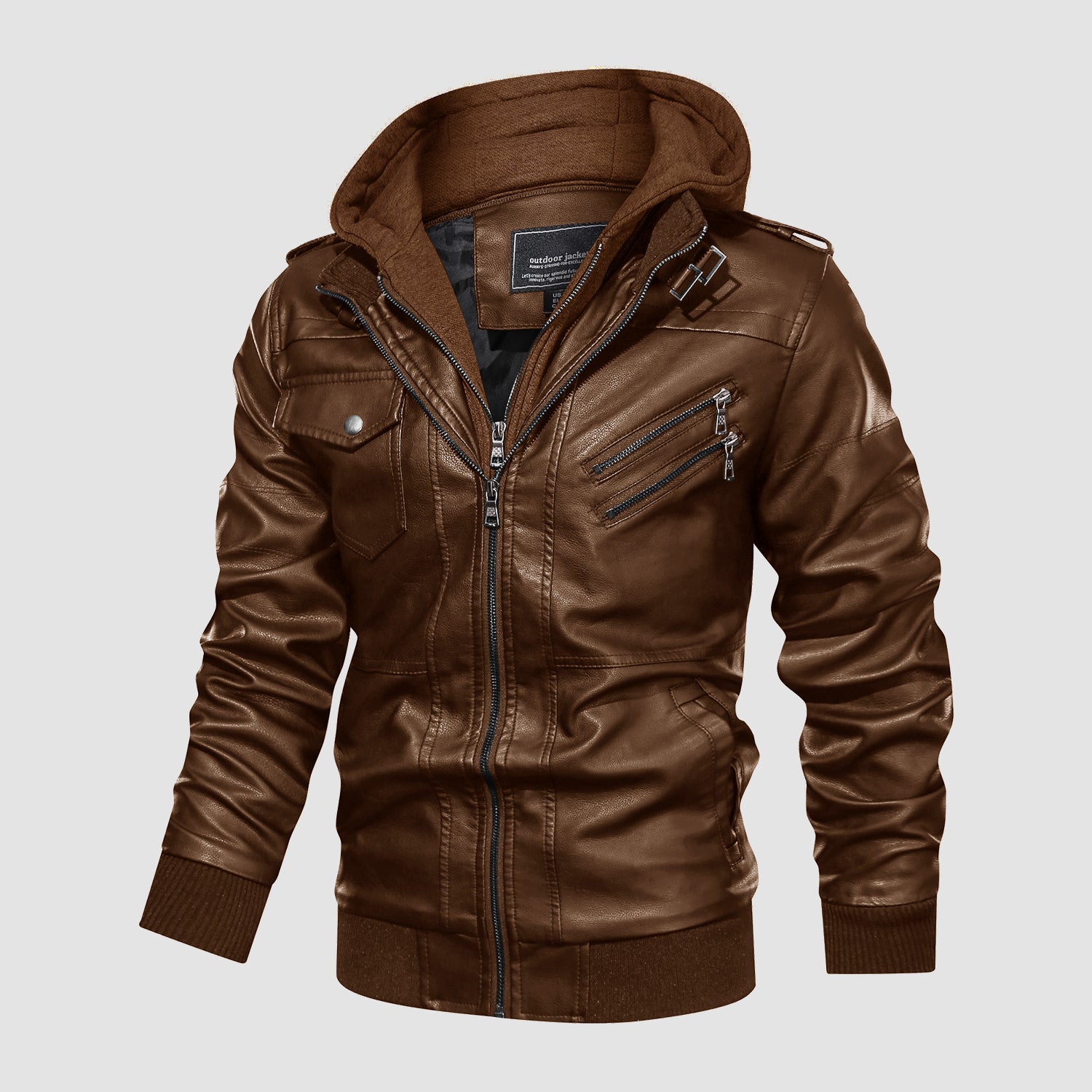 Blouson aviateur homme en similicuir PU à col montant, 6 poches, style motard, idéal pour l'automne et l'hiver, avec capuche amovible.