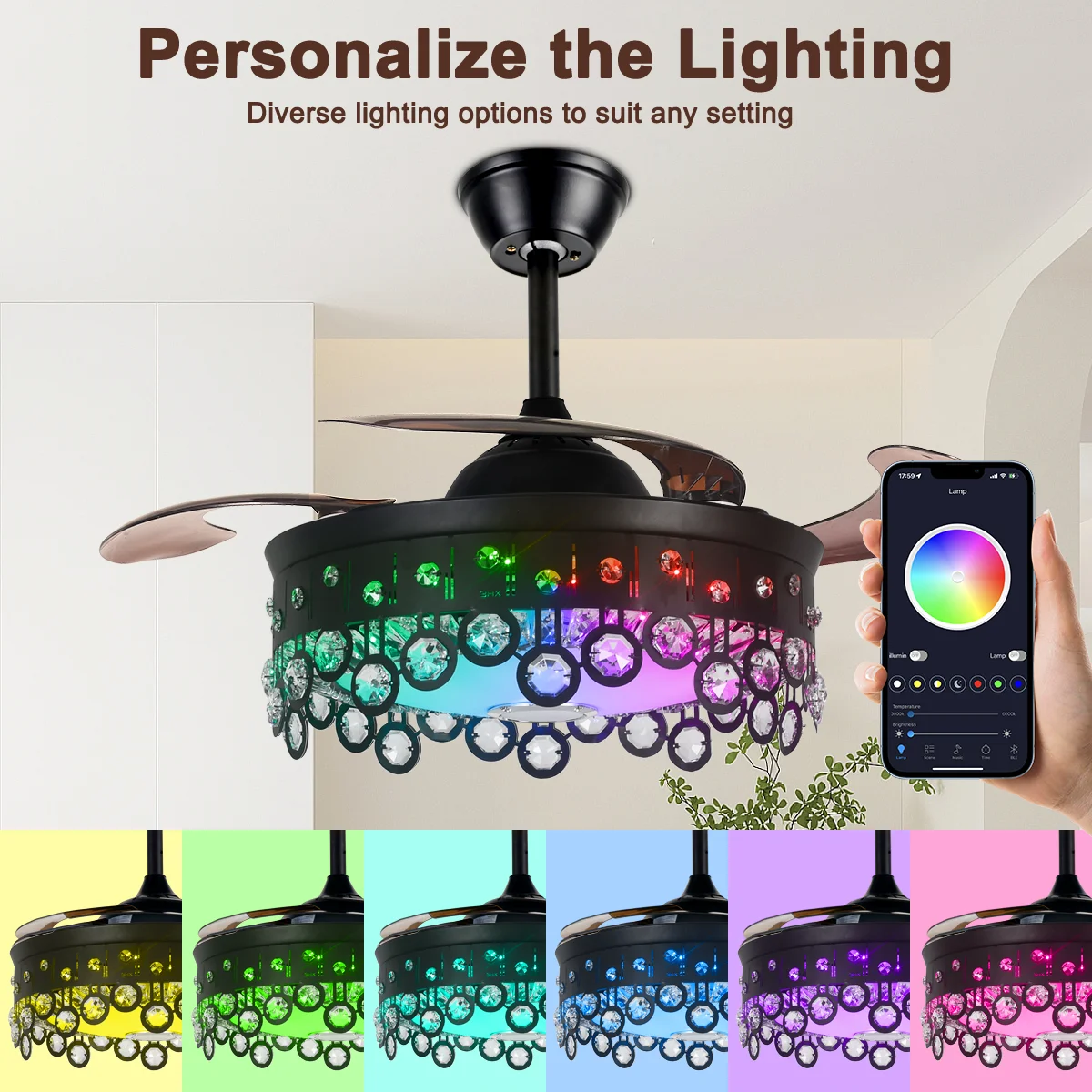 AFANQI 42" Black Modern Fandelier Ceiling Fan with Light Remote, Retractable Bluetooth Ceiling Fan with 7 Colors Silent Motor Crystal Chandelier