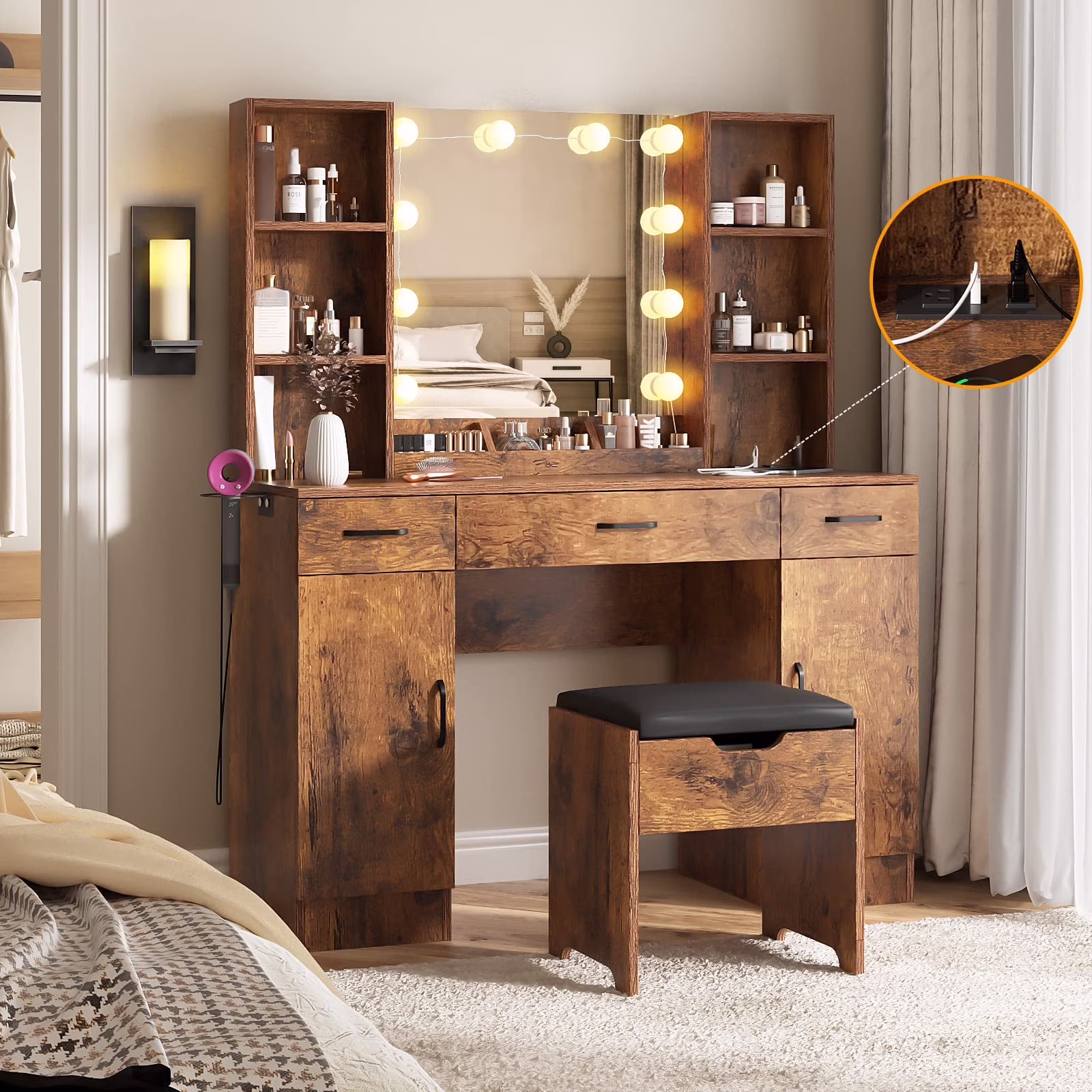 Large Makeup Vanity Set with Light Modern Makeup Vanity Table with Storage and Adjustable Lighting Colors for Bedroom 45.2in, White(White) - Image 5