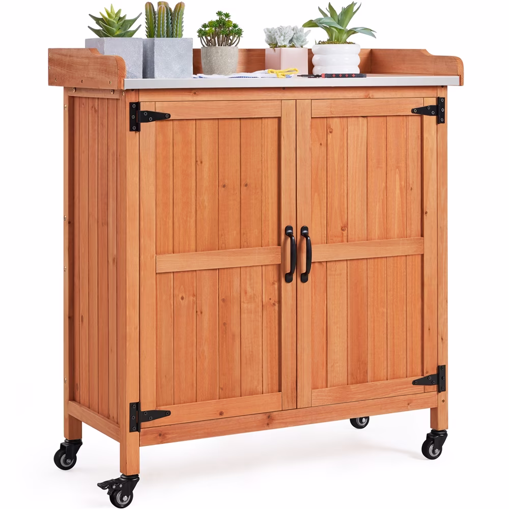 Renwick Garden Potting Bench Table with Cabinet, Brown