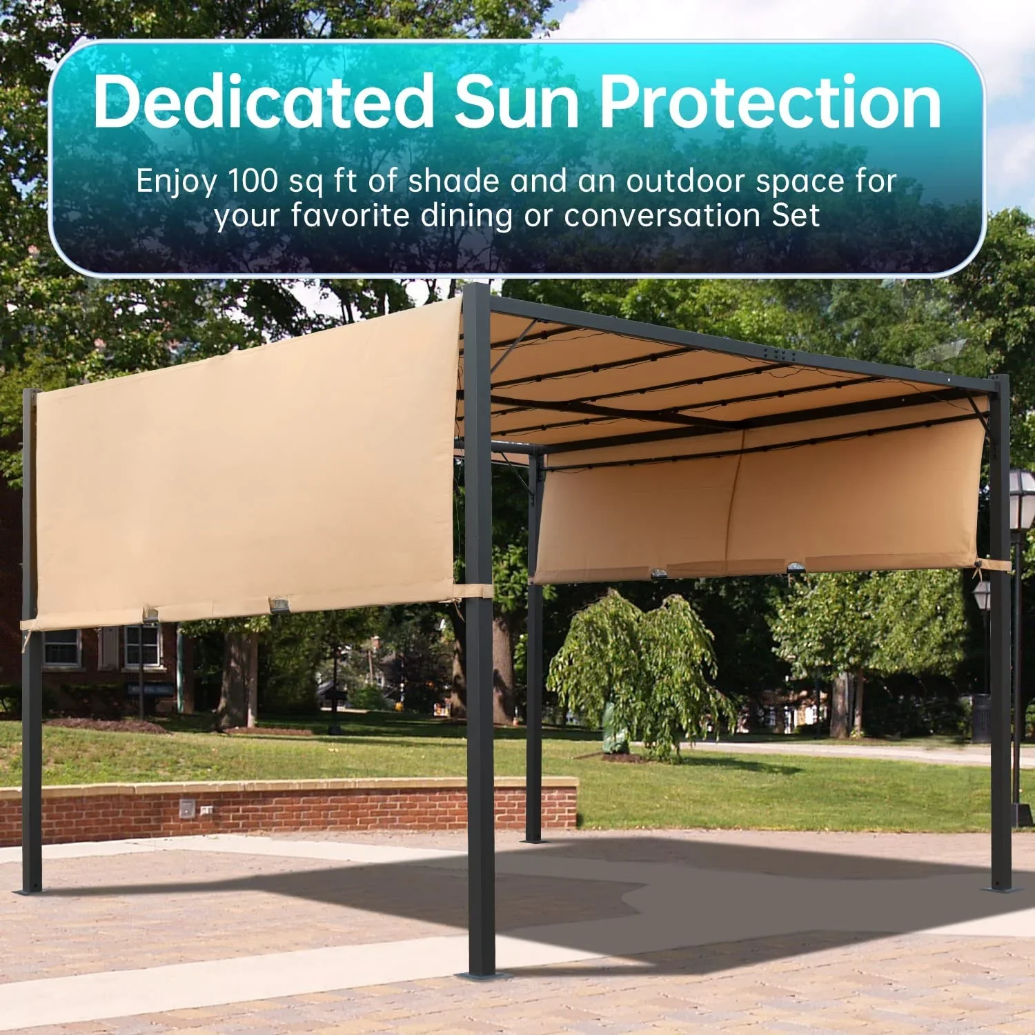 10x10 Outdoor Pergola Canopy Garden Retractable Pergola Steel Frame Patio Gazebo with Solar Powered Led Kit for BBQ, Party, Beach (Tan)