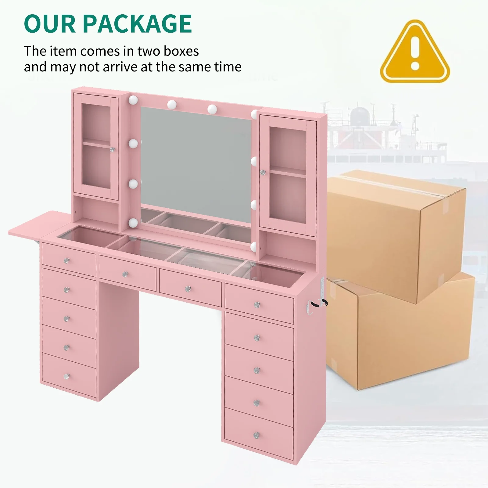 Vanity With Power Outlet, Vanity Desk With Mirror And 10 LED Lights, Makeup Vanity With 12 Drawers And 2 Cabinets, Fold-Up Panel, Glass Top Vanity Table With Chair For Bedroom - Image 8
