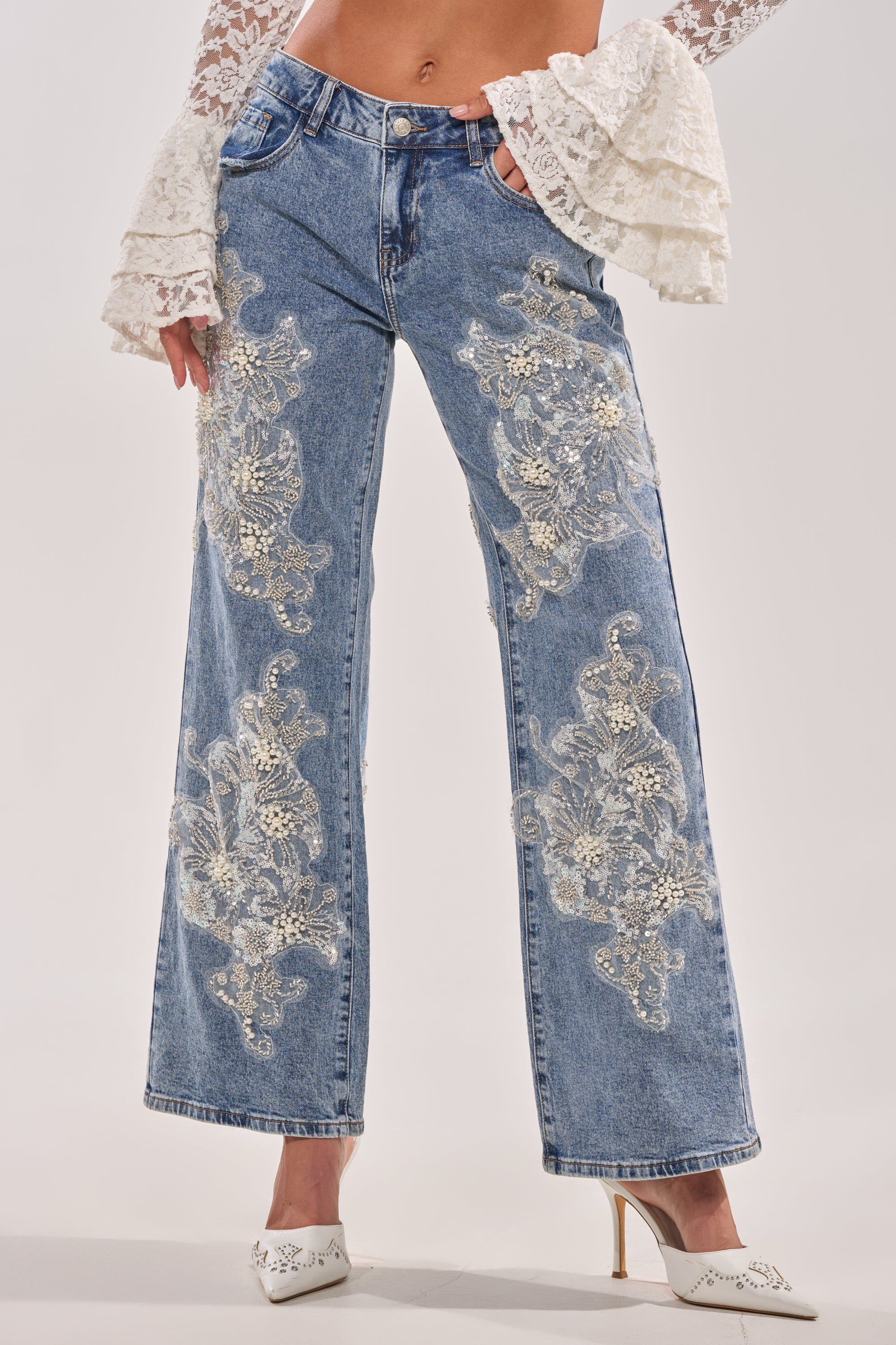 BILLIONAIRE BELLE RHINESTONE AND PEARL JEANS - Akira Store