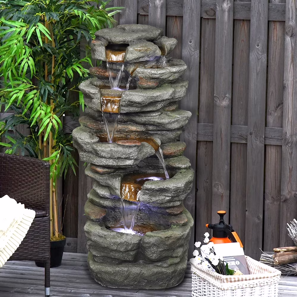 32.6-inch Rock Water Fountain with LED Lights Outdoor Waterfall for Garden and Patio Decor
