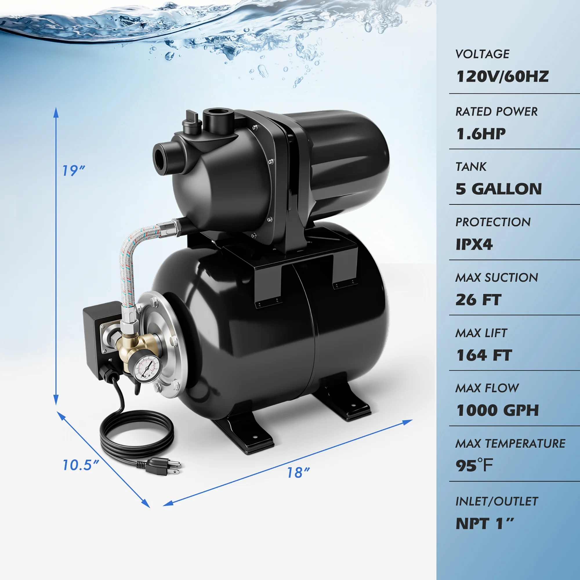 Gymax 1.6 HP Shallow Well Pump 1000 GPH 164 FT Stainless Steel Garden Jet Pump