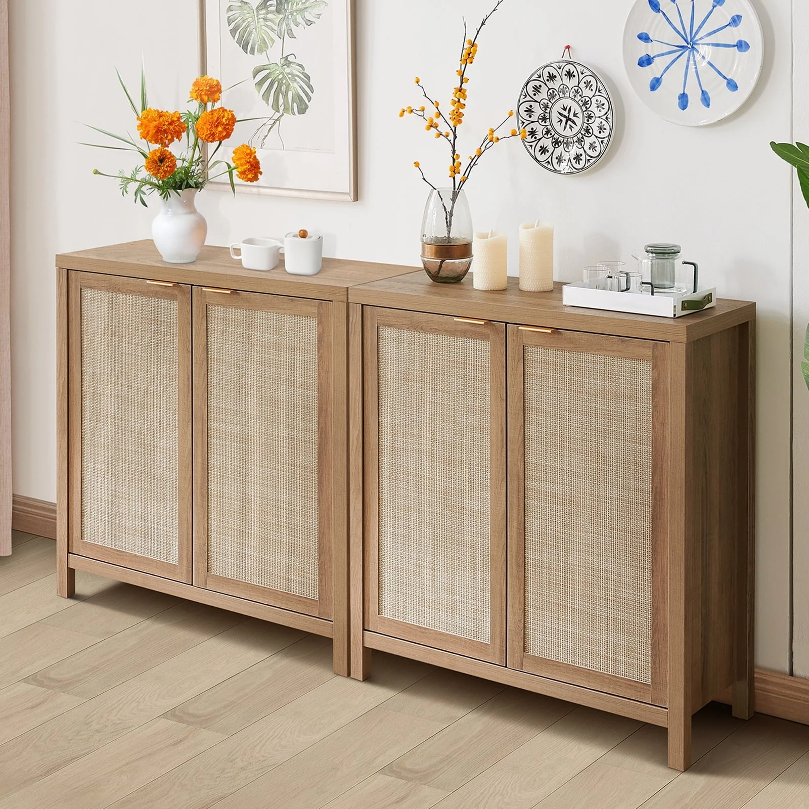 Sanspredet Sideboard Buffet Cabinet Set of 2, Rattan Cabinet with Doors Farmhouse Kitchen Storage Cabinet, Boho Liquor Cabinet Accent Cabinet(1pcs/Black)