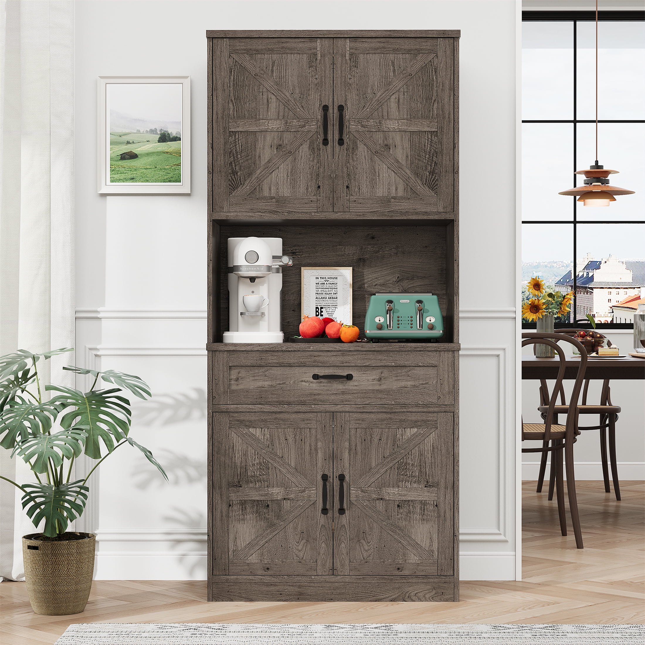 71'' Tall Kitchen Pantry Storage Hutch Cabinet with Doors and Shelves, Grey Oak(71'' Pantry Cabinet(Grey Oak)) - Image 2