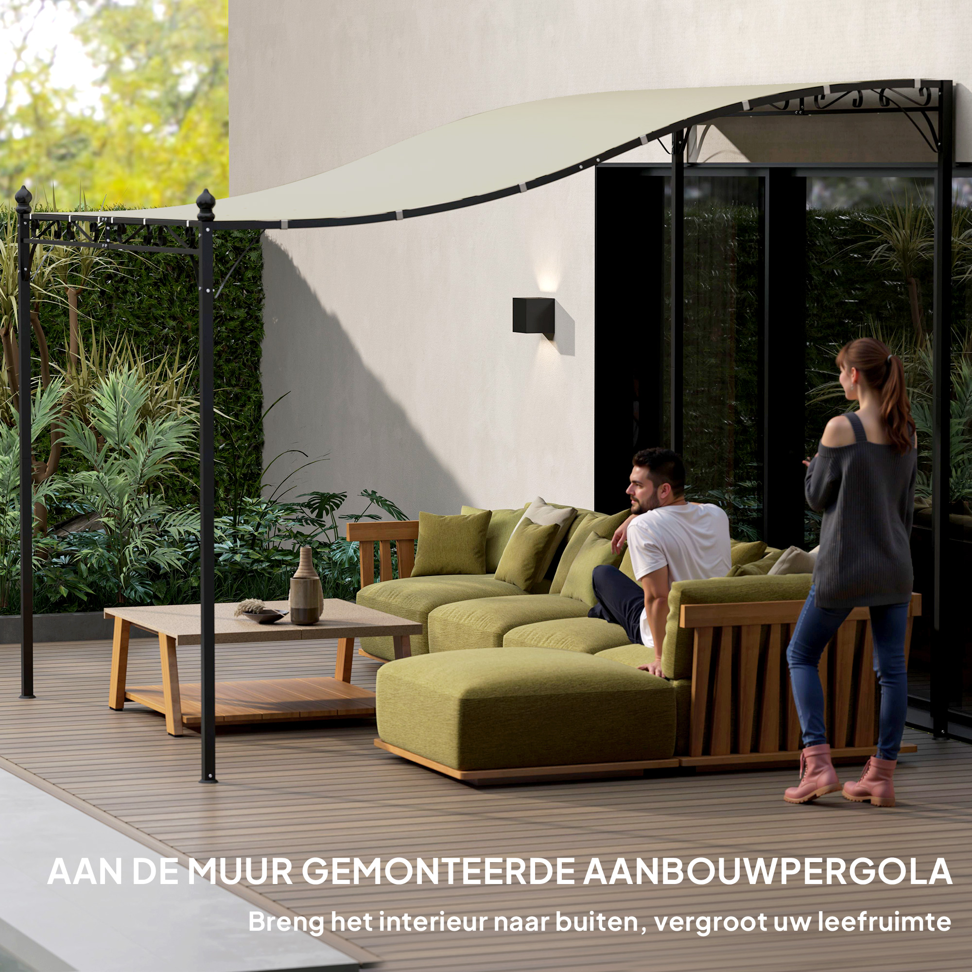 Outsunny 2,5 x 3 m Pergola, Wandgemonteerde Tuinpaviljoen, waterbestendig, Metalen frame, Afvoergaten, Schaduwdak, Crèmewit